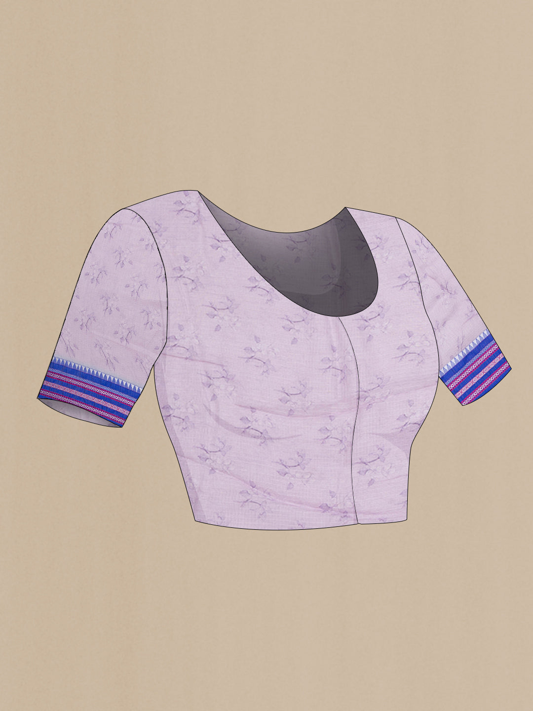 Close up image of the blouse of Lavender Kota Silk Saree with Printed design on the body and Thread Border. 