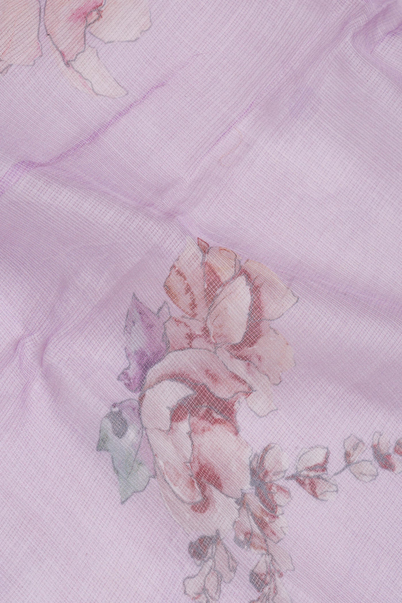 Close up of Lavender Kota Silk Saree with Printed design on the body and Thread Border.  displaying folds