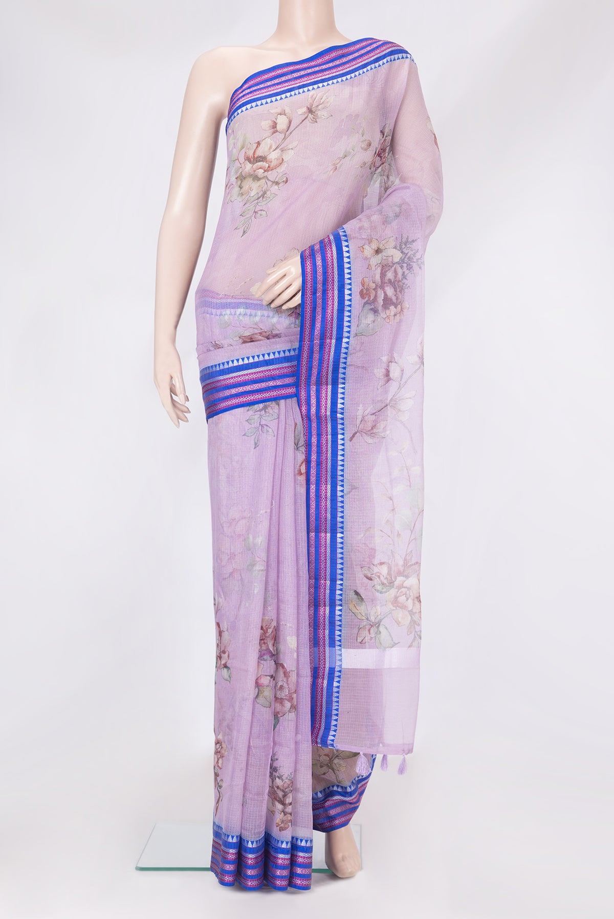 Lavender Kota Silk Saree with Printed design on the body and Thread Border.  displayed on a mannequin