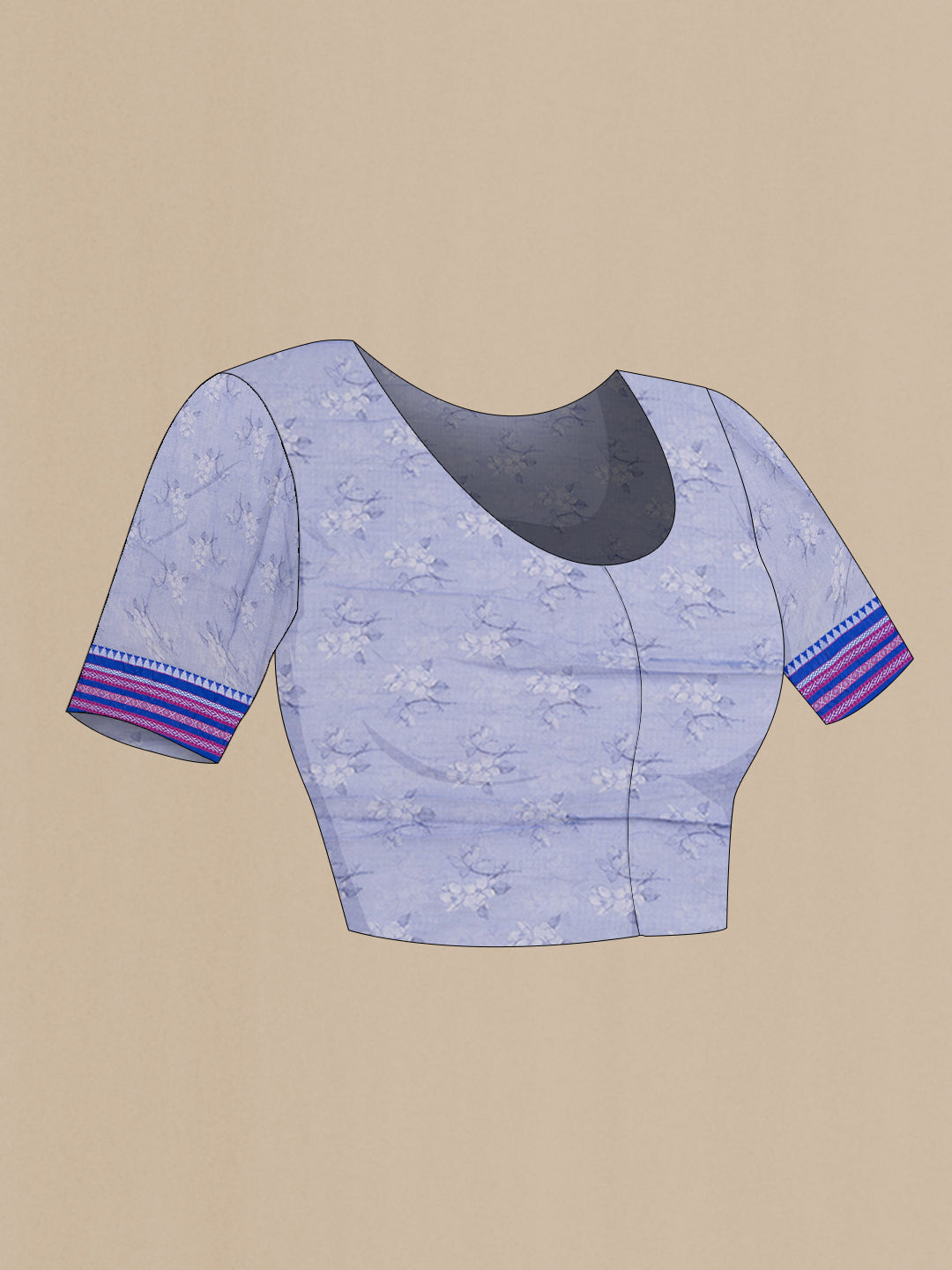 Close up image of the blouse of Lilac Kota Silk Saree with Printed design on the body and Thread Border. 