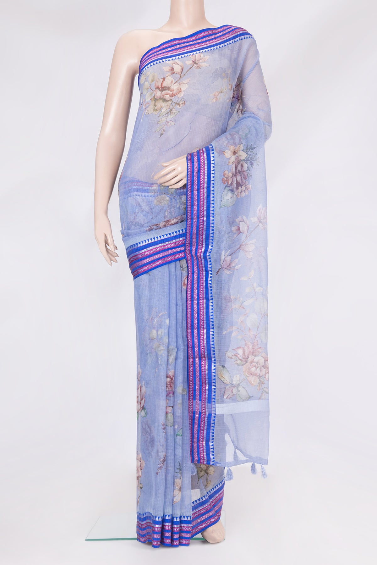 Lilac Kota Silk Saree with Printed design on the body and Thread Border.  displayed on a mannequin