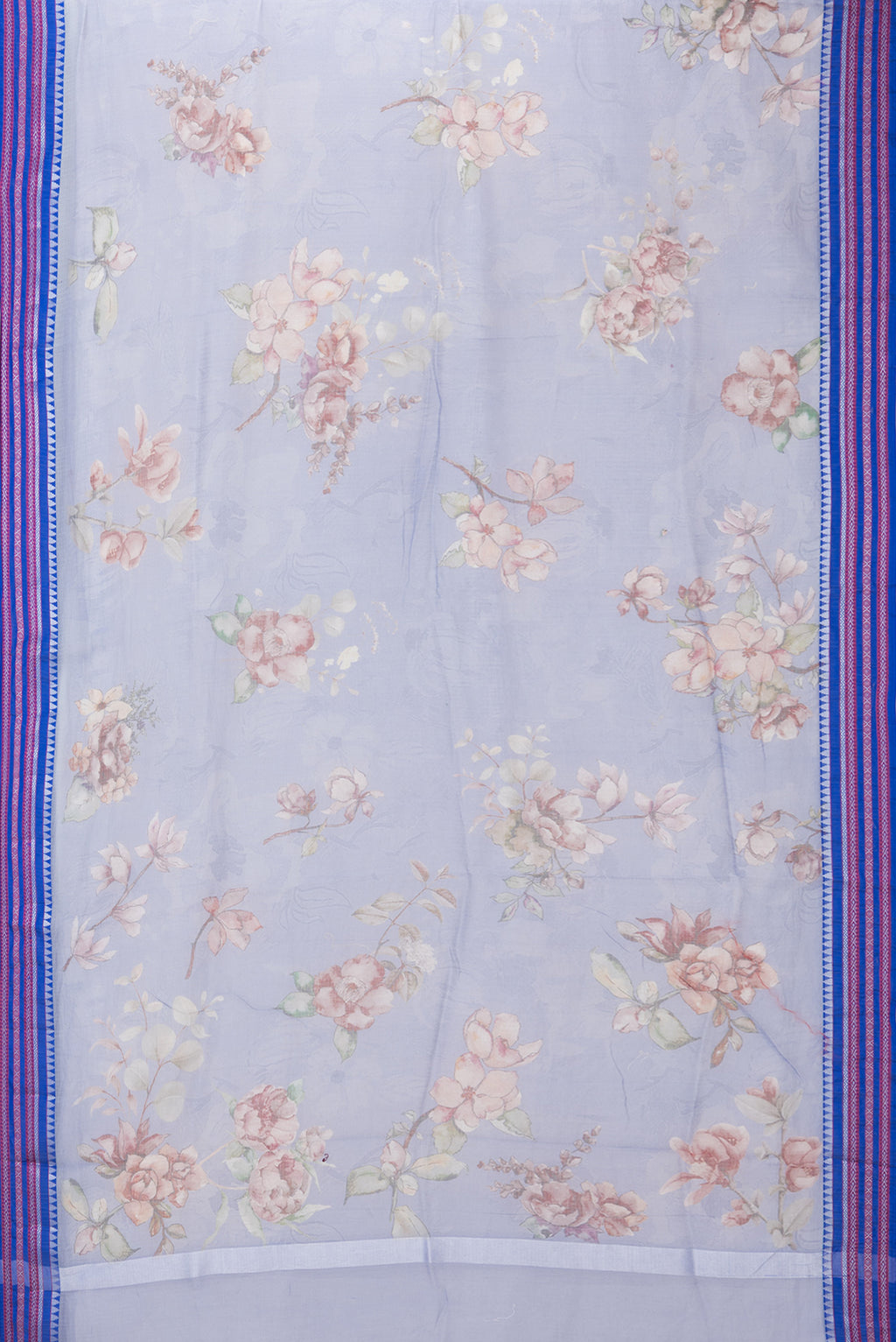 Flat view of Lilac Kota Silk Saree with Printed design on the body and Thread Border. 