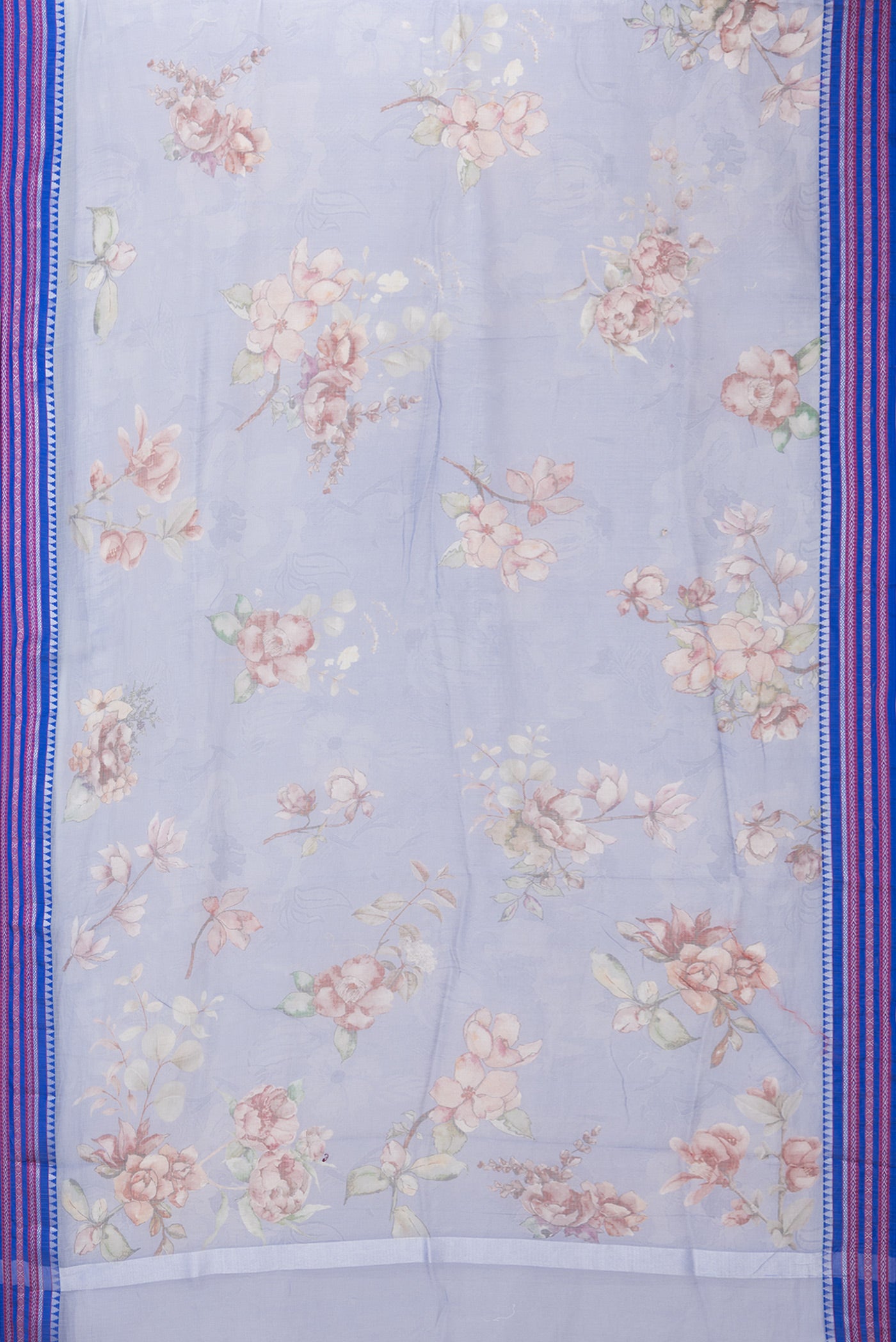 Flat view of Lilac Kota Silk Saree with Printed design on the body and Thread Border. 
