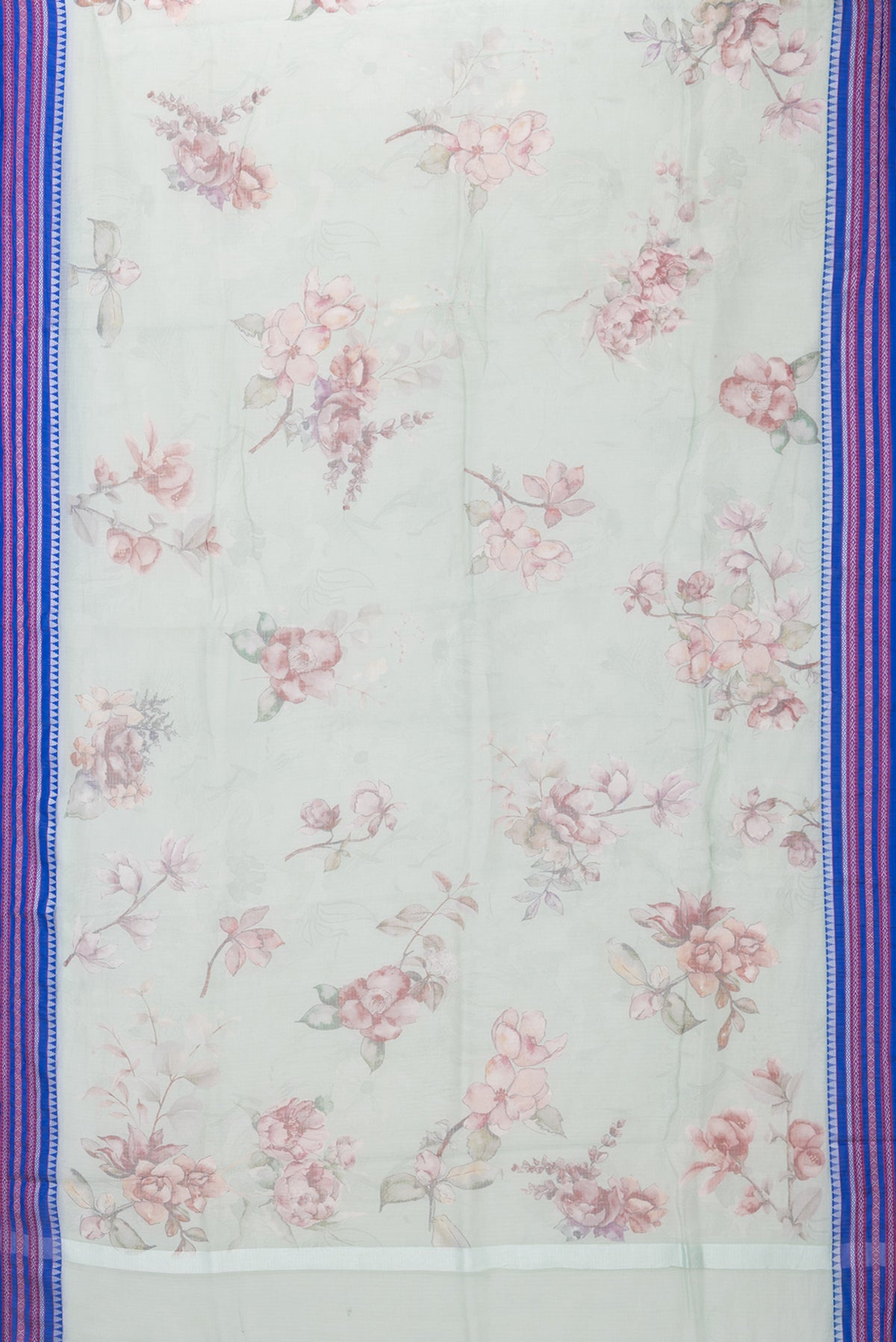 Flat view of Light Green Kota Silk Saree with Printed design on the body and Thread Border. 