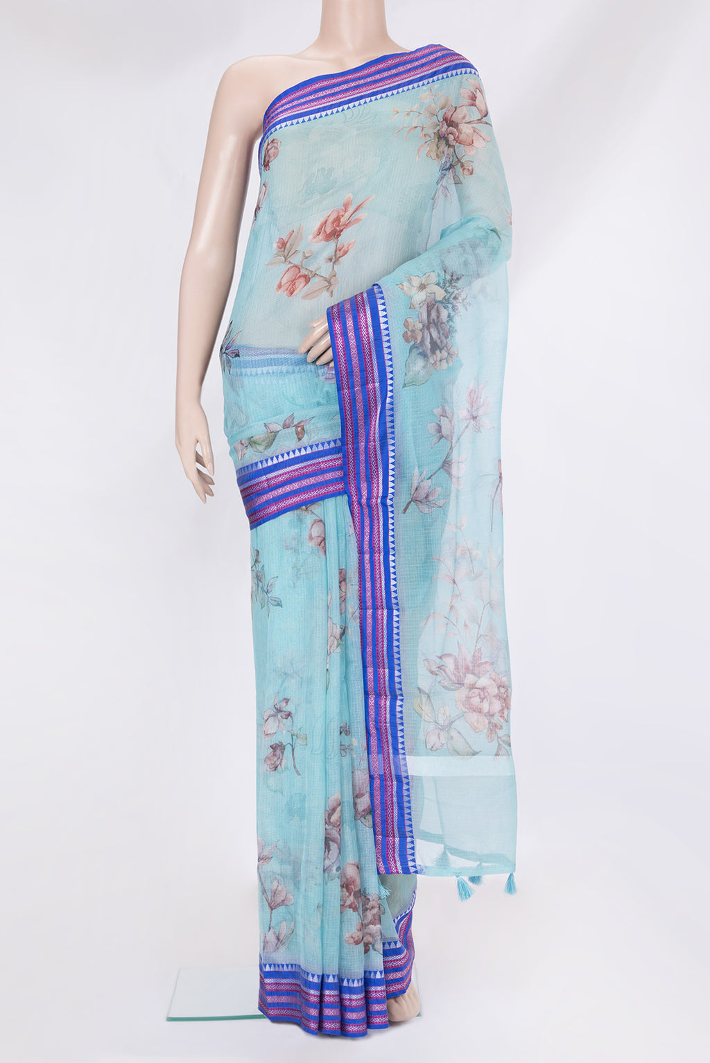 Sky Blue Kota Silk Saree with Printed design on the body and Thread Border.  displayed on a mannequin