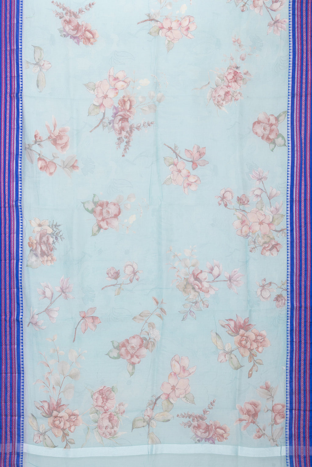 Flat view of Sky Blue Kota Silk Saree with Printed design on the body and Thread Border. 