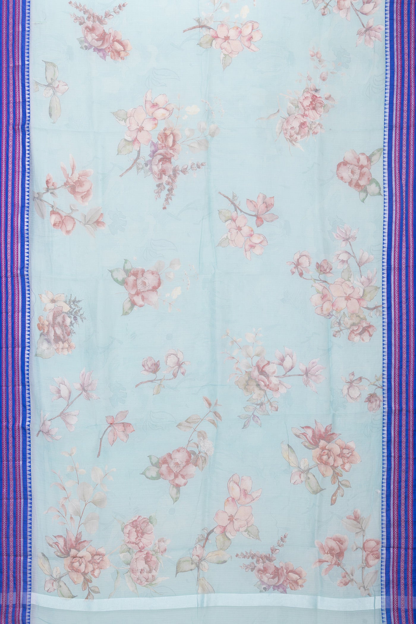 Flat view of Sky Blue Kota Silk Saree with Printed design on the body and Thread Border. 
