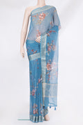 Blue Kota Silk Saree with Printed design on the body and Thread Border.  displayed on a mannequin