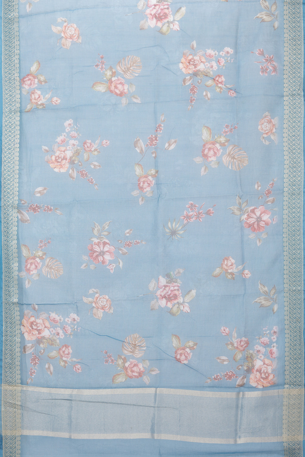 Flat view of Blue Kota Silk Saree with Printed design on the body and Thread Border. 
