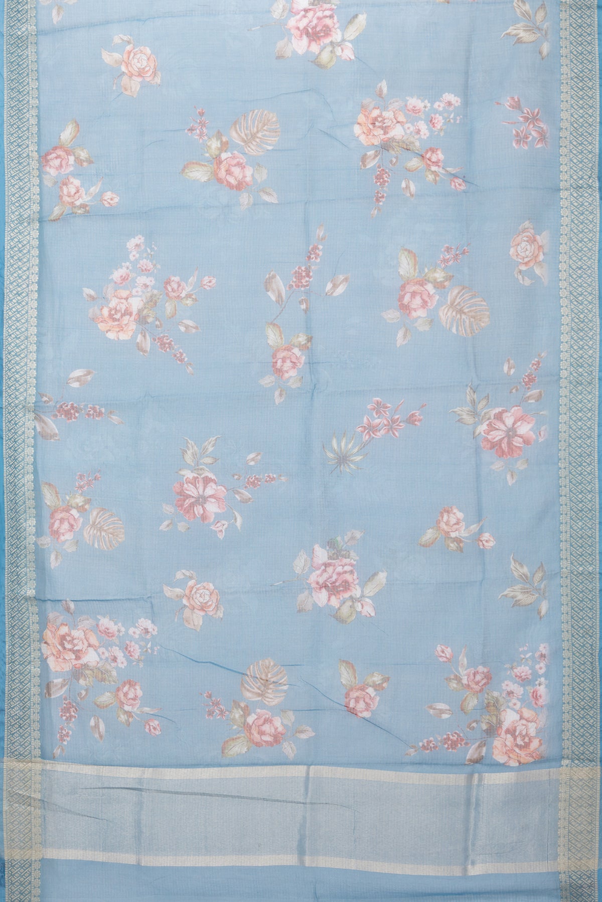 Flat view of Blue Kota Silk Saree with Printed design on the body and Thread Border. 