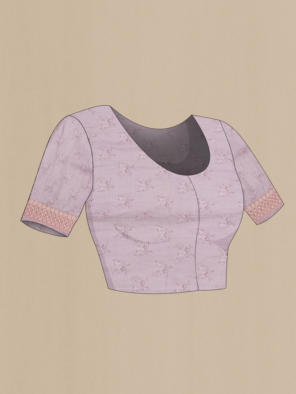 Close up image of the blouse of Lavender Kota Silk Saree with Printed design on the body and Zari Border. 