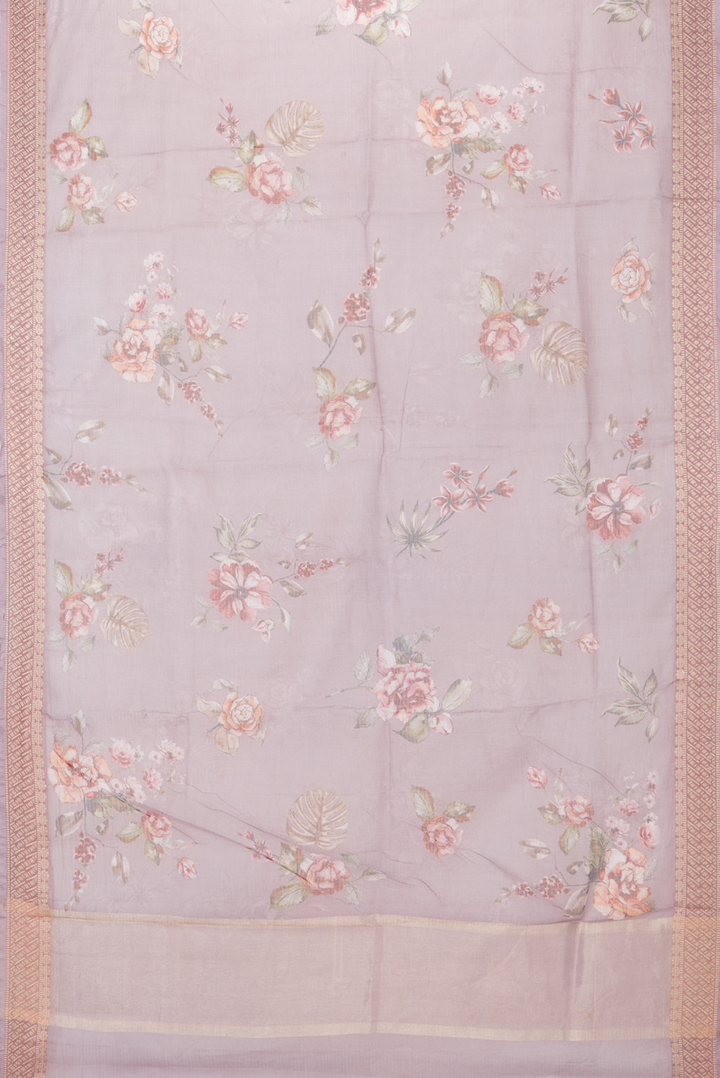 Flat view of Lavender Kota Silk Saree with Printed design on the body and Zari Border. 