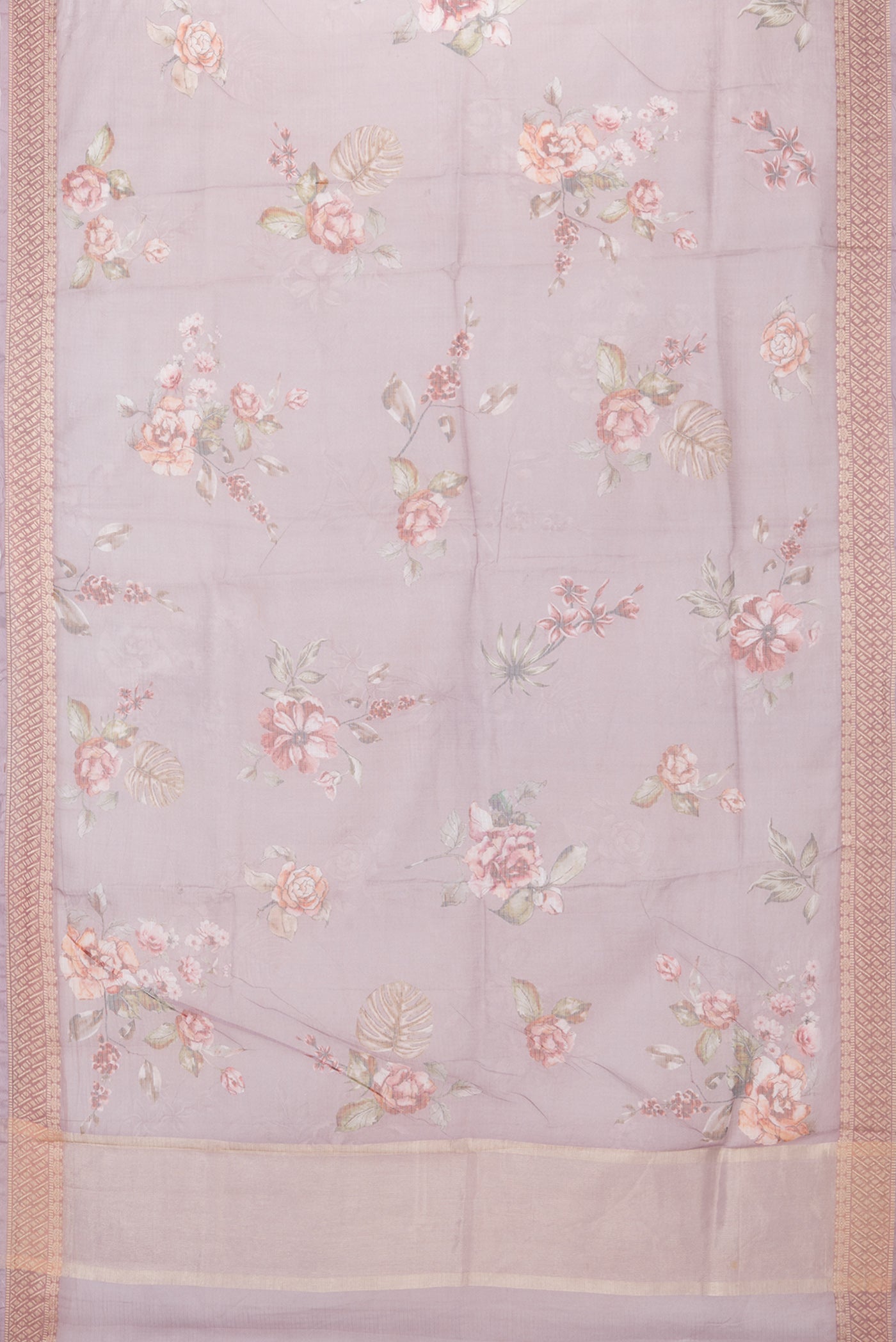 Flat view of Lavender Kota Silk Saree with Printed design on the body and Zari Border. 