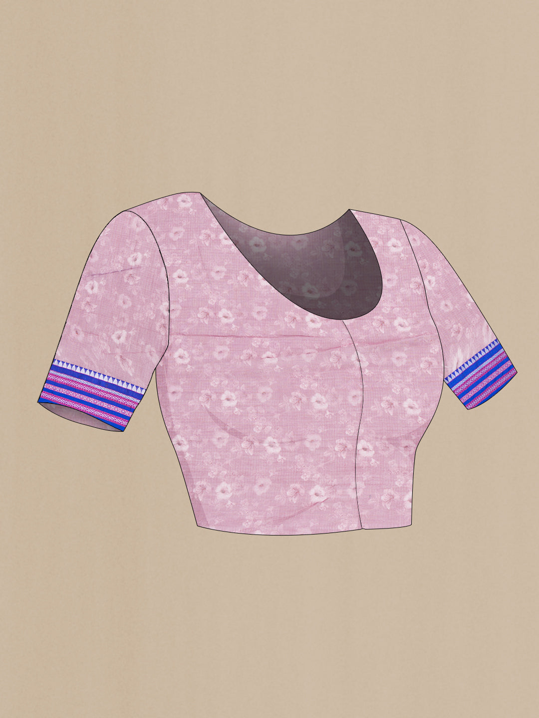 Close up image of the blouse of Mauve Kota Silk Saree with Floral Print on the body and Thread Border. 