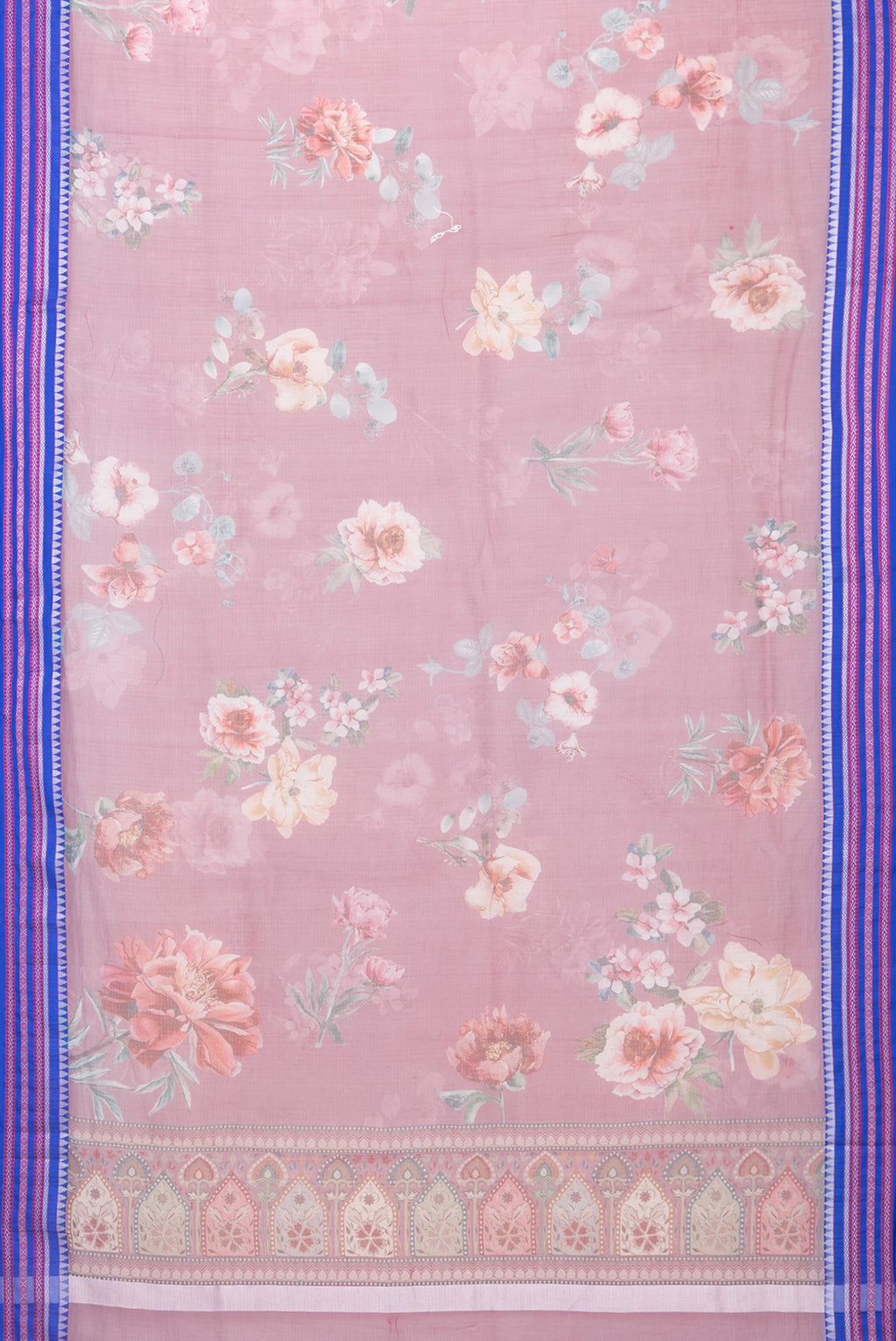 Flat view of Mauve Kota Silk Saree with Floral Print on the body and Thread Border. 