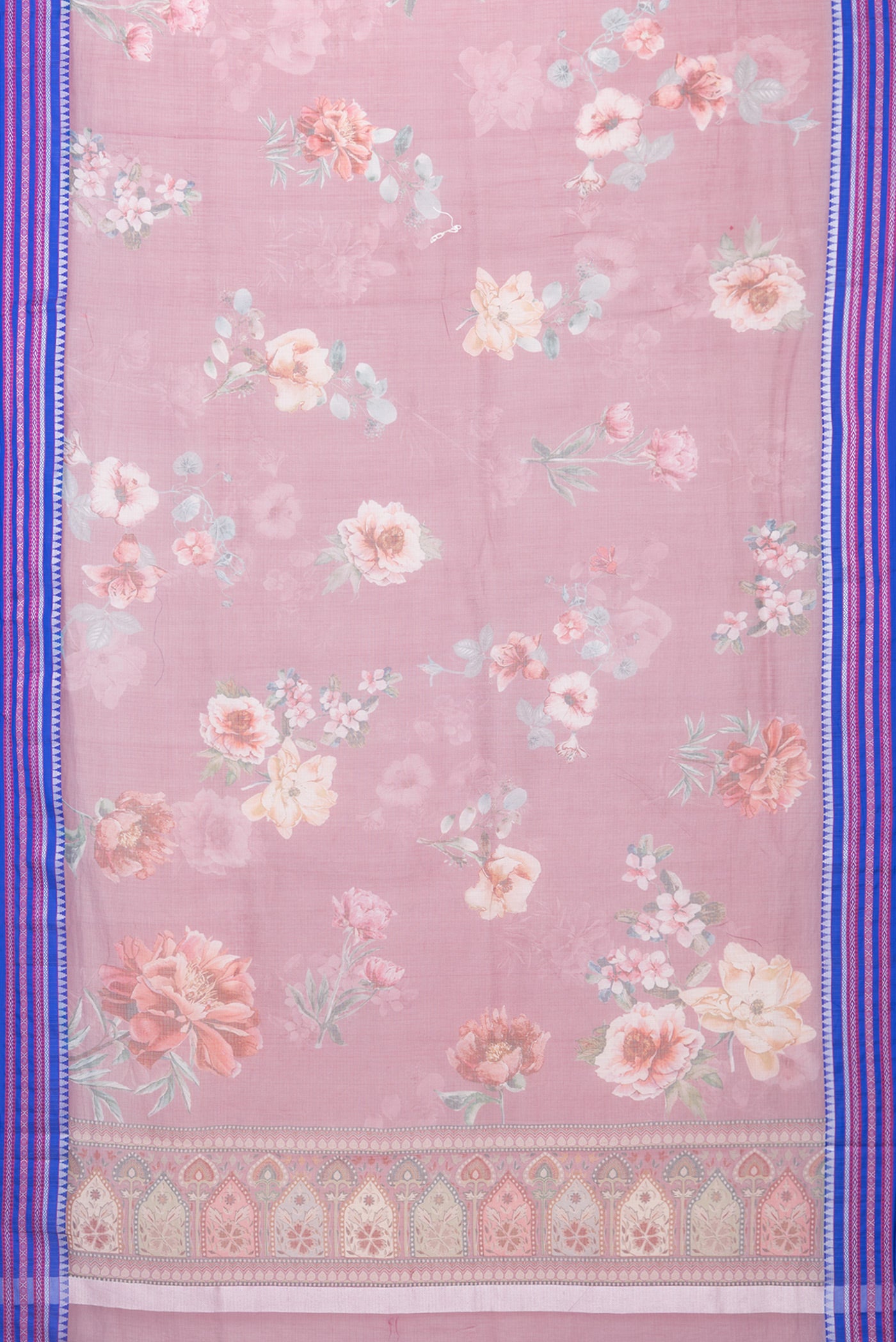 Flat view of Mauve Kota Silk Saree with Floral Print on the body and Thread Border. 