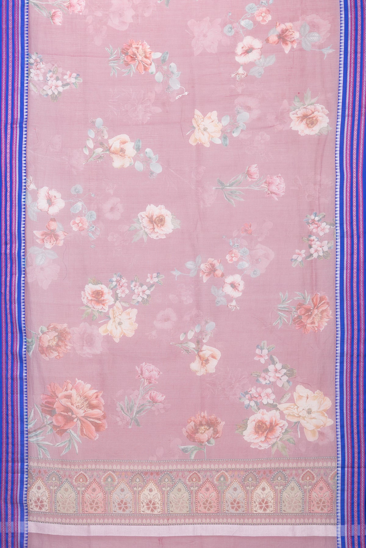 Flat view of Mauve Kota Silk Saree with Floral Print on the body and Thread Border. 