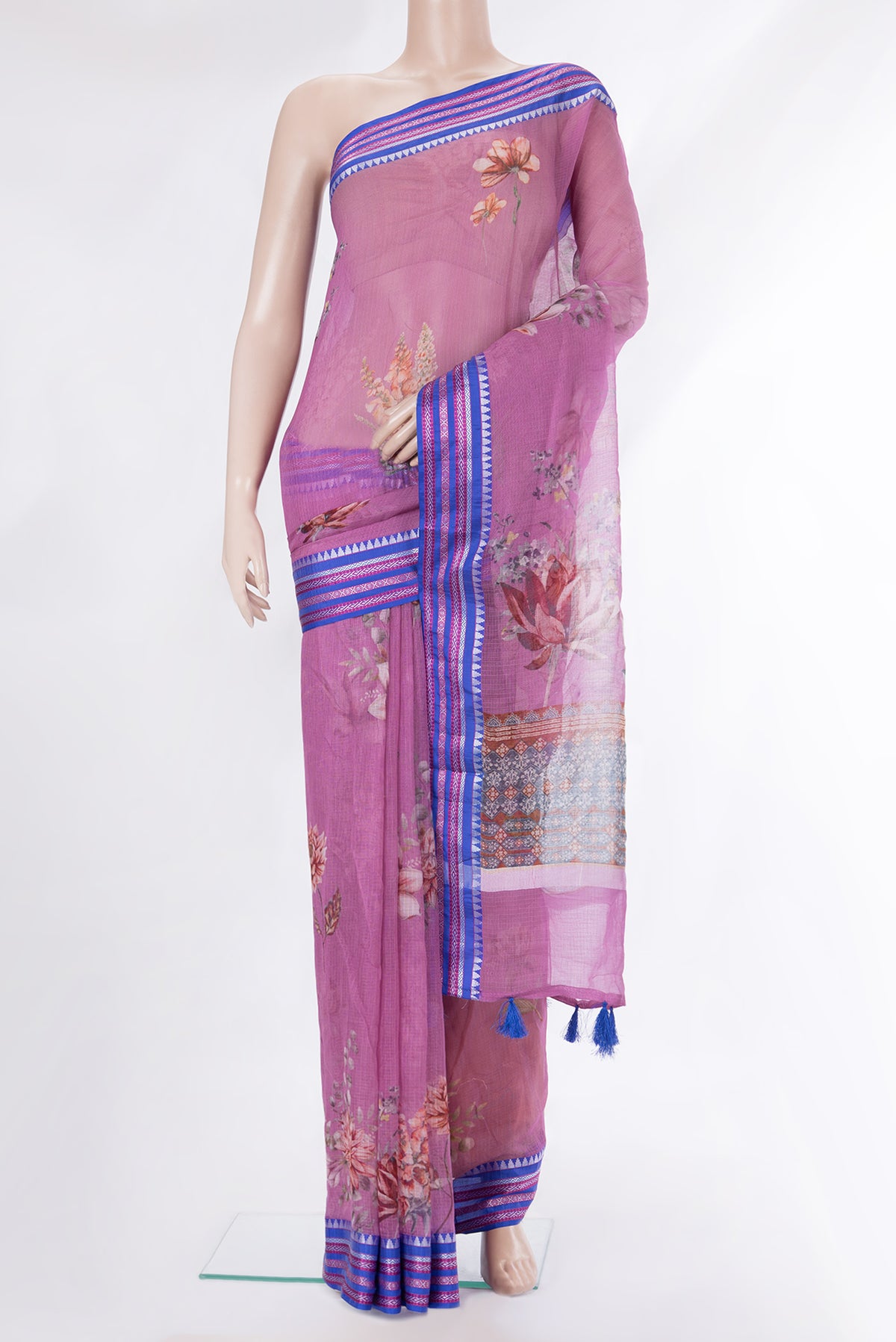 Pure Silk Lavender Dual Tone Kota Saree with Printed design on the body and Thread Border.  displayed on a mannequin