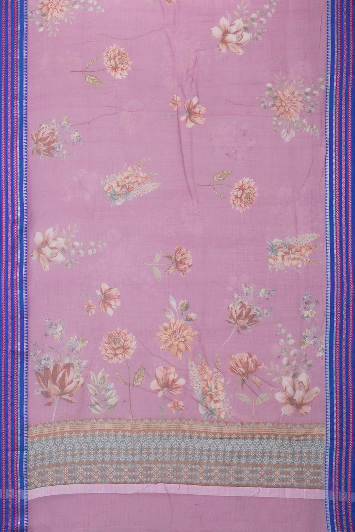 Flat view of Pure Silk Lavender Dual Tone Kota Saree with Printed design on the body and Thread Border. 