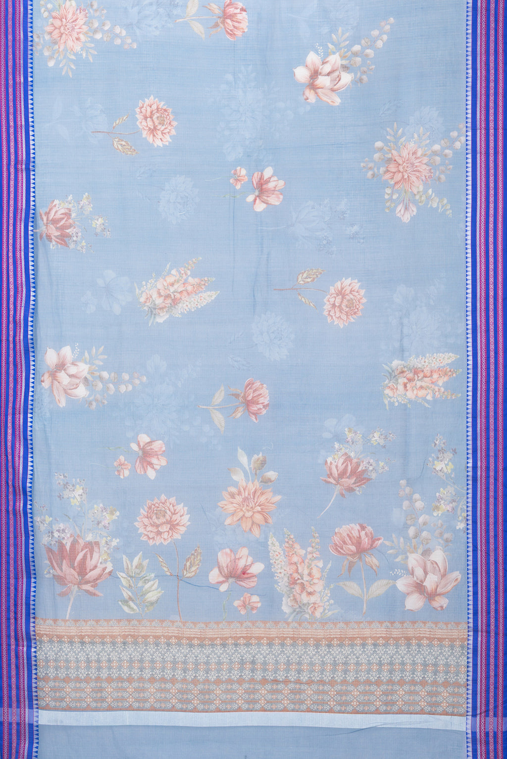 Flat view of Blue Kota Silk Saree with Floral Print on the body and Thread Border. 