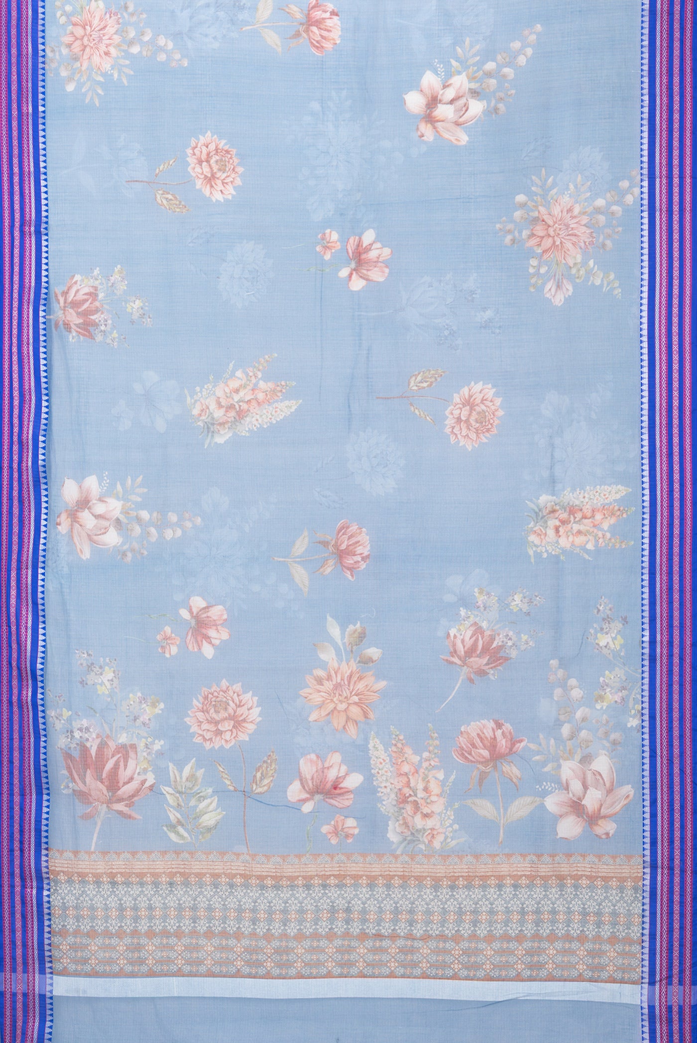 Flat view of Blue Kota Silk Saree with Floral Print on the body and Thread Border. 