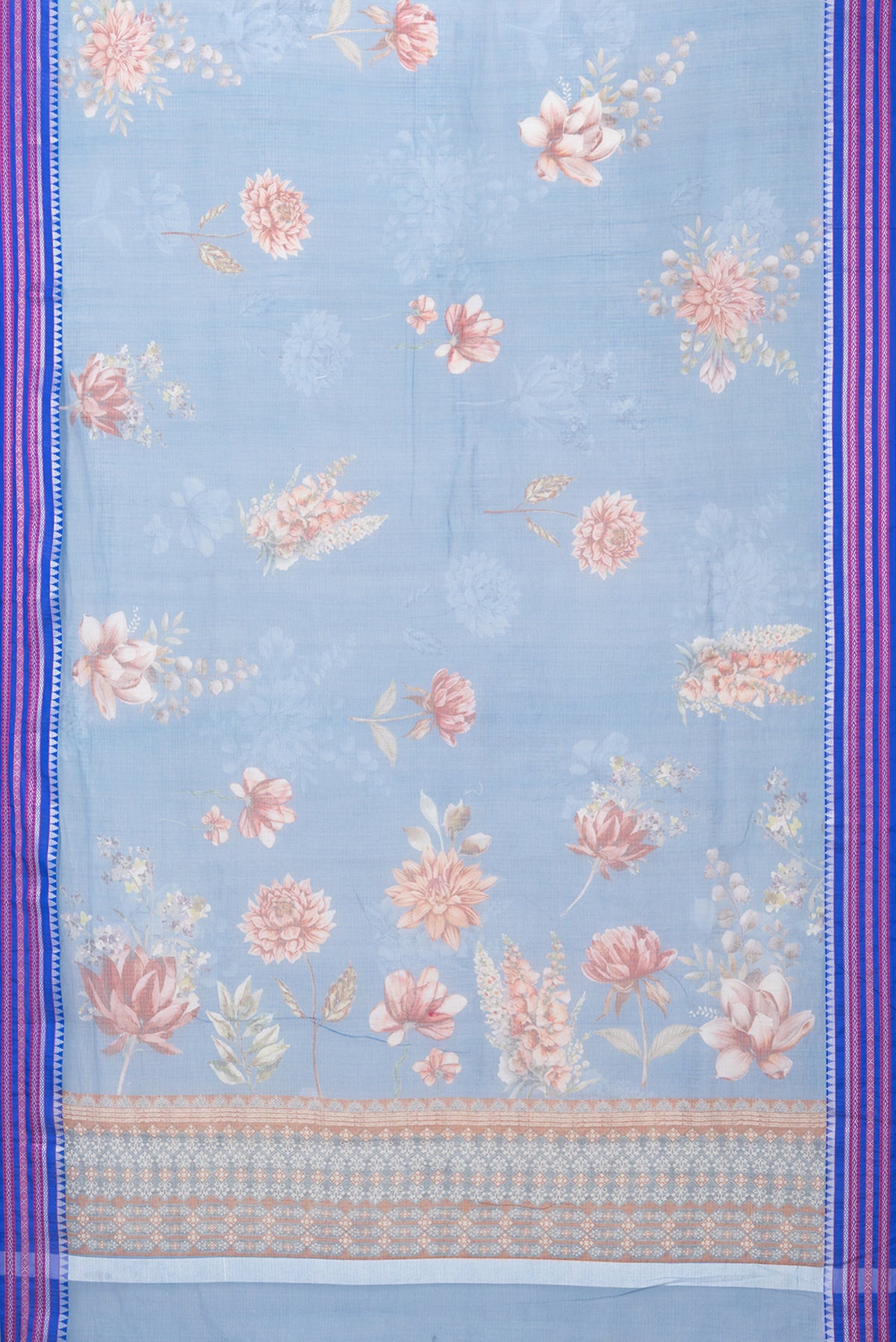 Flat view of Blue Kota Silk Saree with Floral Print on the body and Thread Border. 