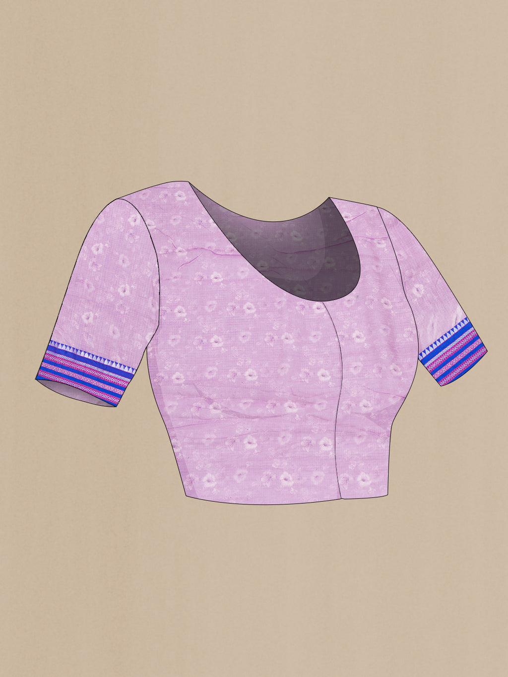 Close up image of the blouse of Lavender Kota Silk Saree with Floral Print on the body and Thread Border. 