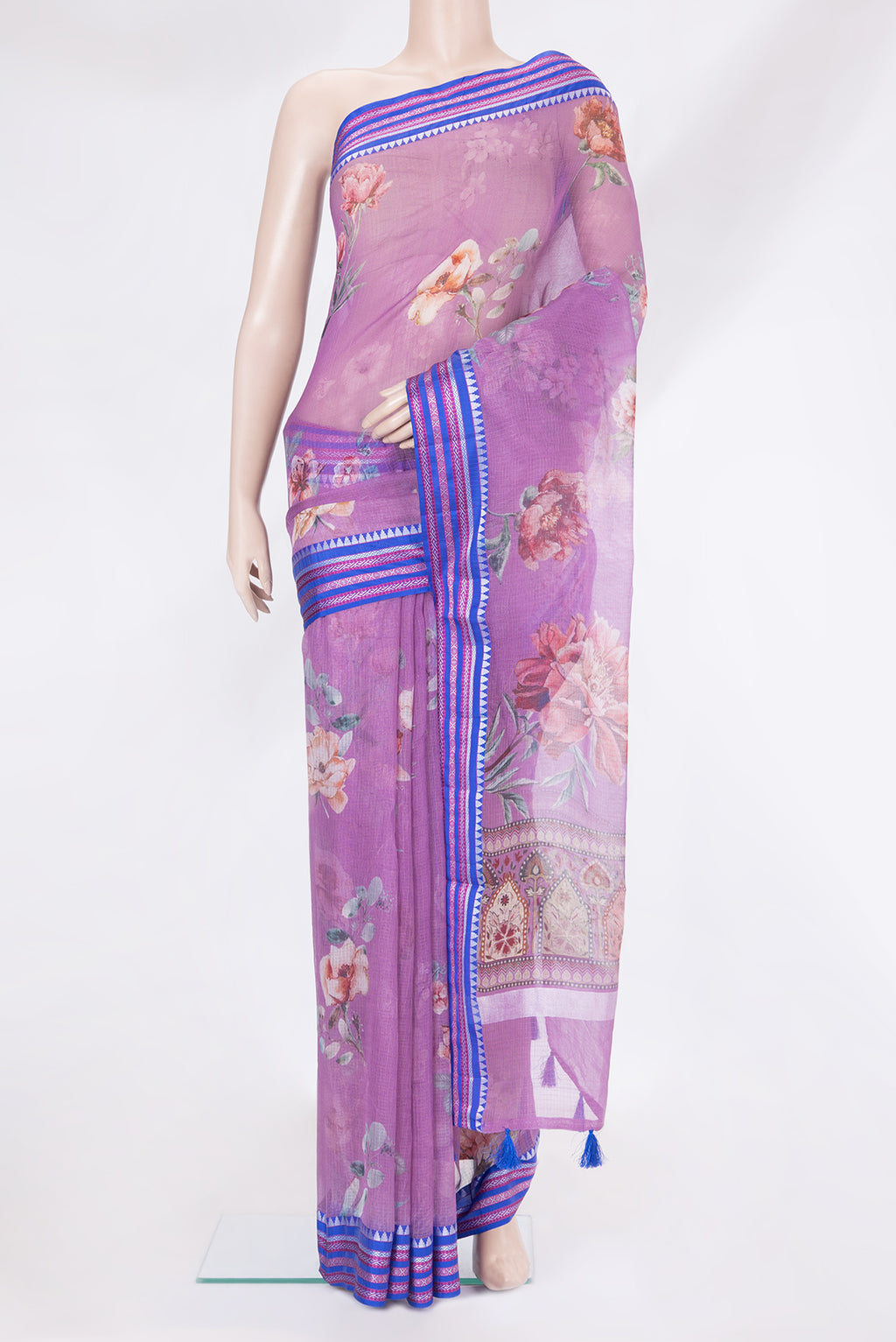 Lavender Kota Silk Saree with Floral Print on the body and Thread Border.  displayed on a mannequin