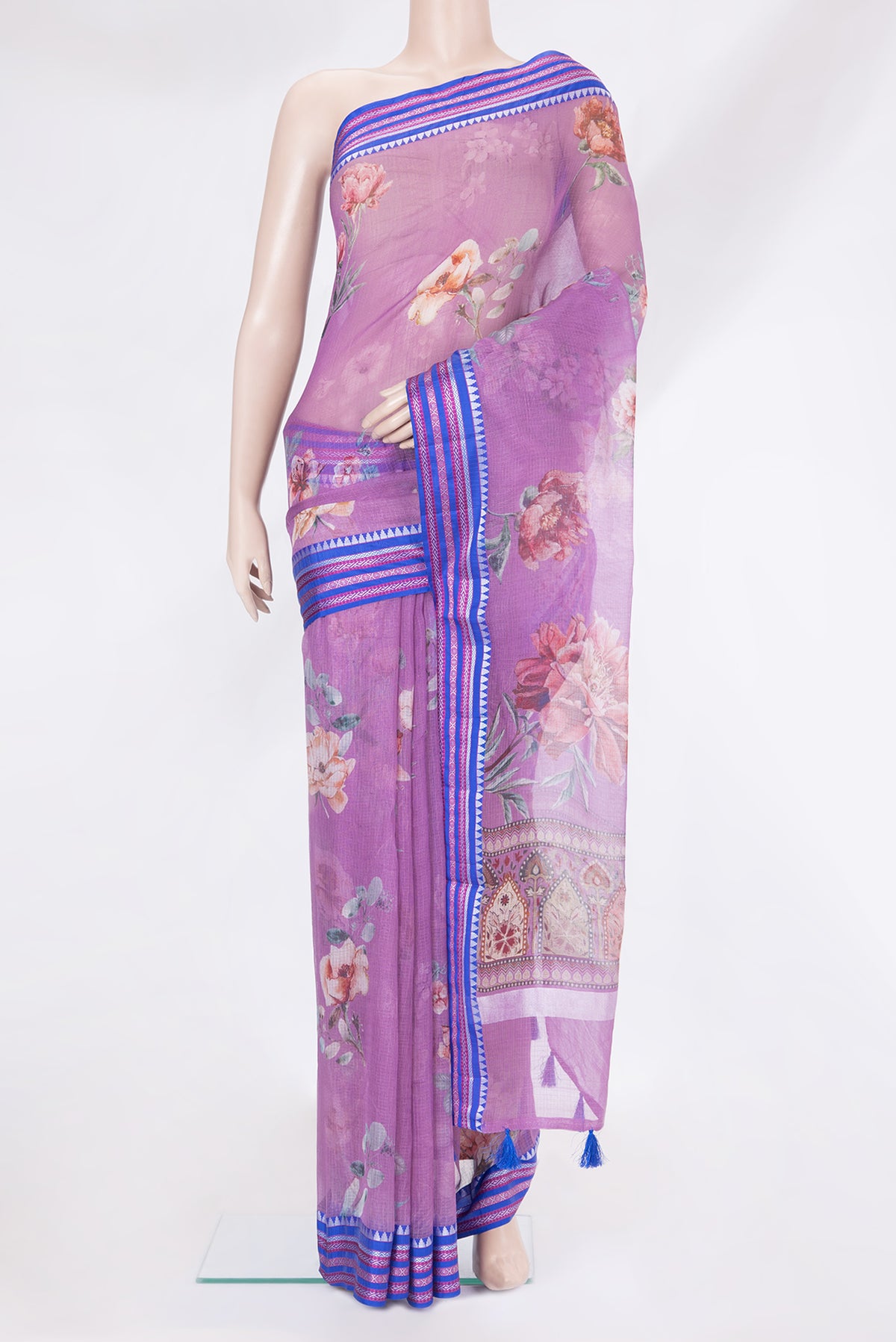 Lavender Kota Silk Saree with Floral Print on the body and Thread Border.  displayed on a mannequin