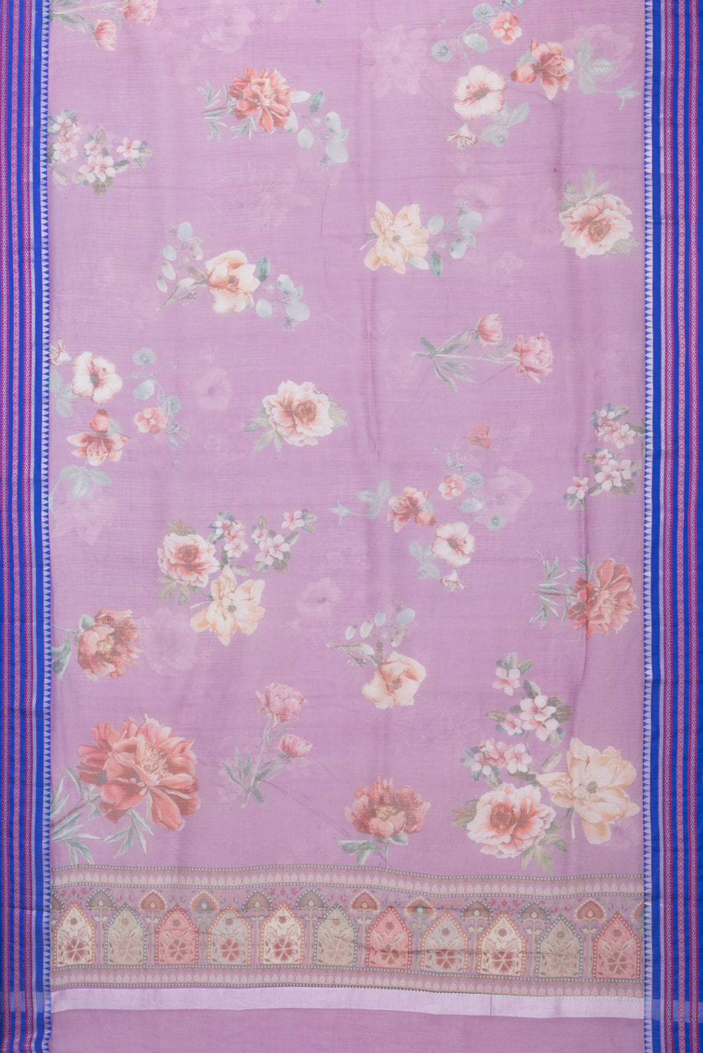 Flat view of Lavender Kota Silk Saree with Floral Print on the body and Thread Border. 