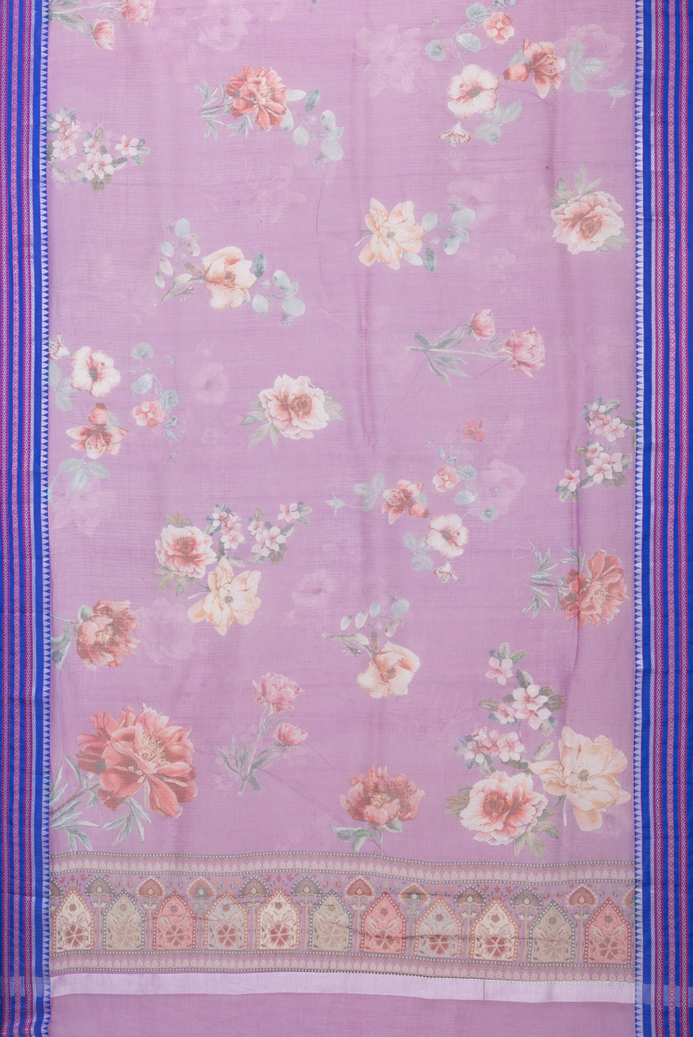 Flat view of Lavender Kota Silk Saree with Floral Print on the body and Thread Border. 