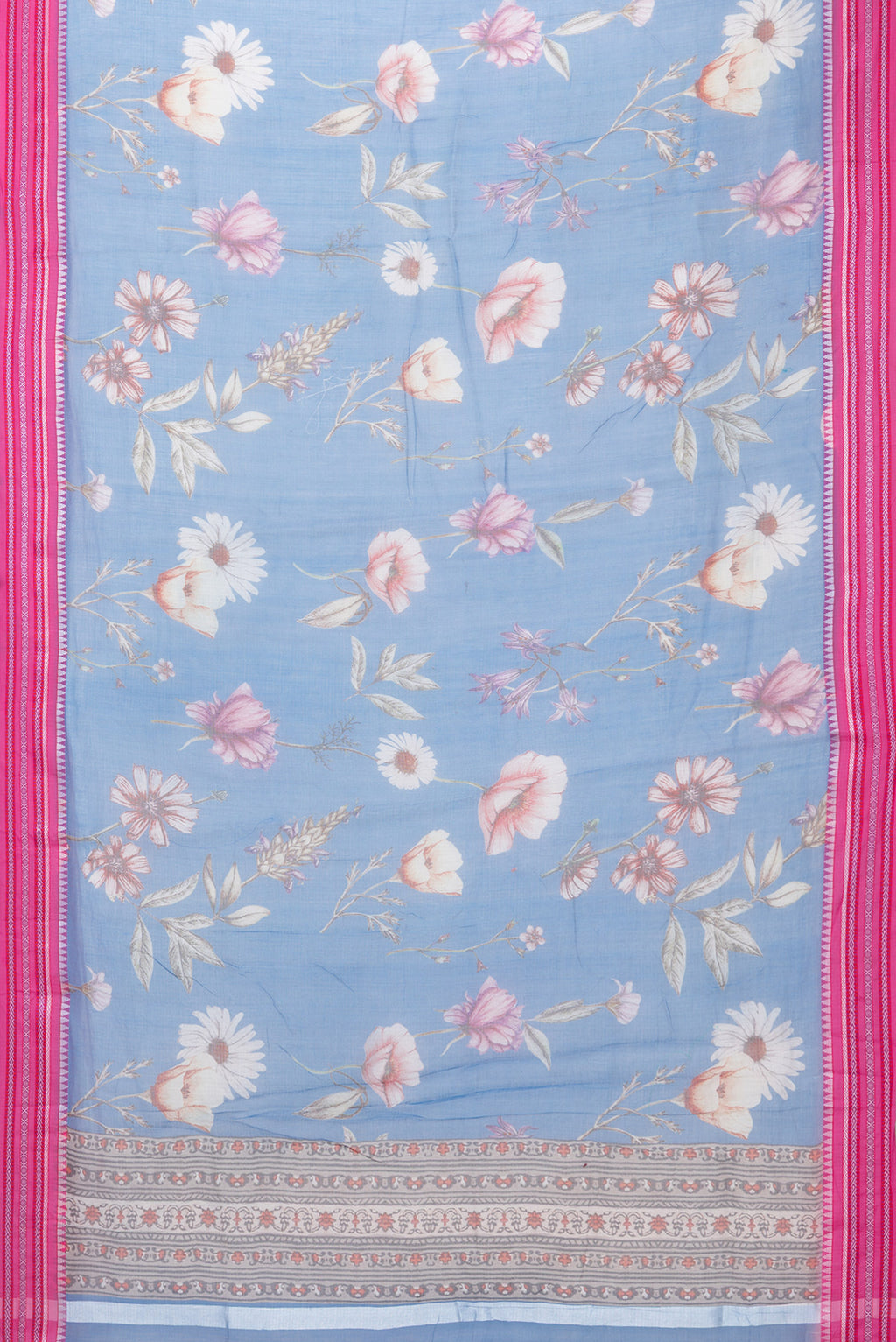Flat view of Blue Kota Silk Saree with Floral Print on the body and Thread Border. 