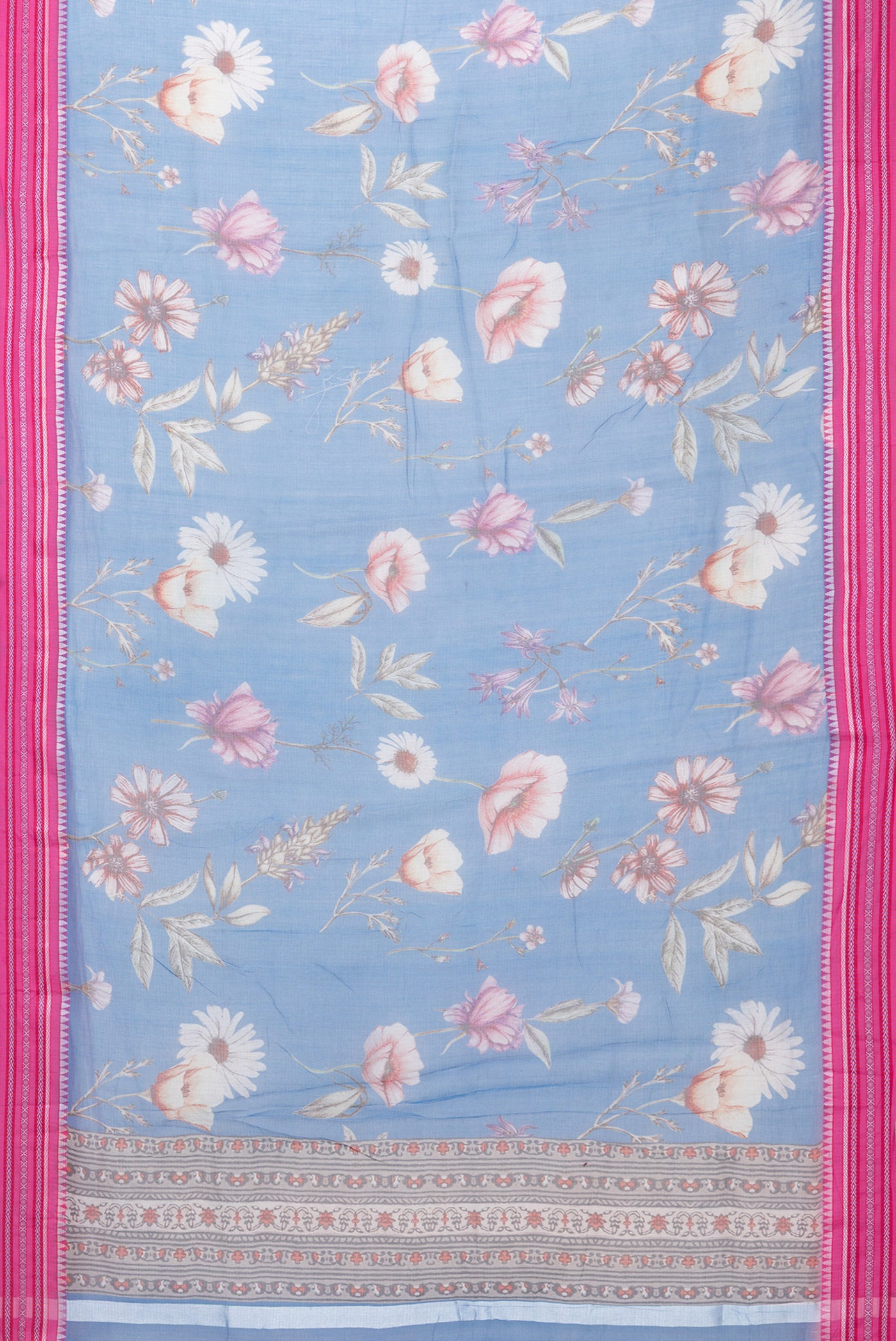 Flat view of Blue Kota Silk Saree with Floral Print on the body and Thread Border. 