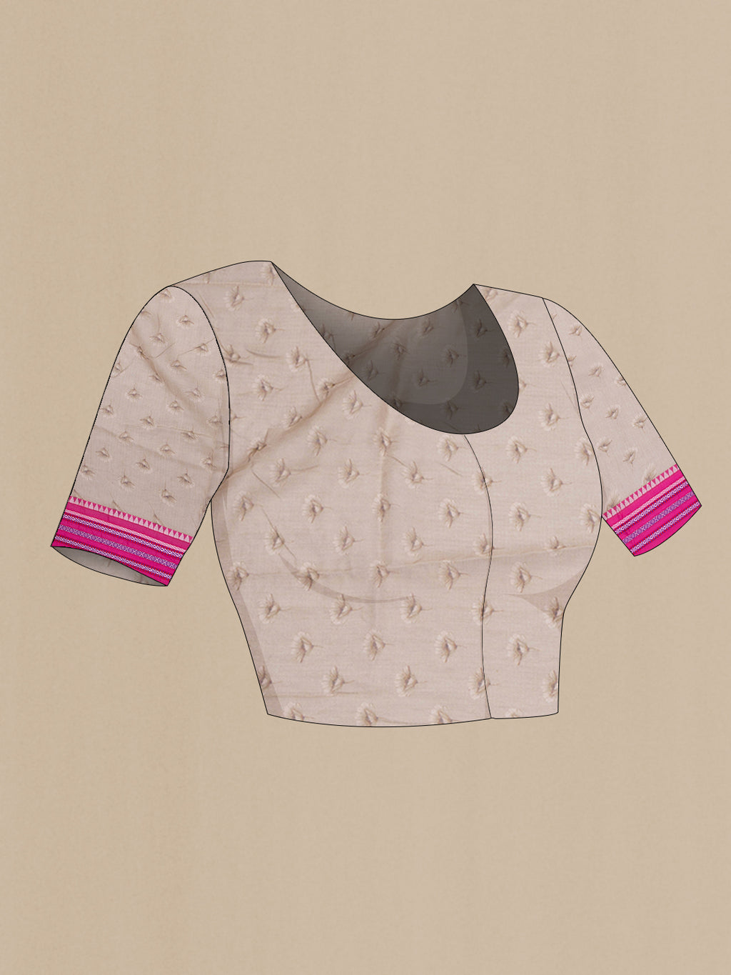 Close up image of the blouse of Beige Kota Silk Saree with Printed design on the body and Thread Border. 