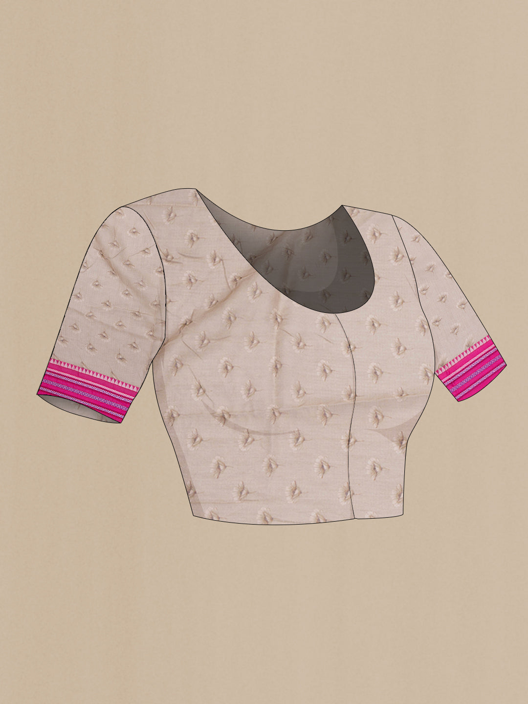 Close up image of the blouse of Beige Kota Silk Saree with Printed design on the body and Thread Border. 