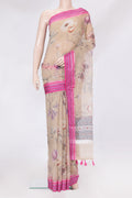 Beige Kota Silk Saree with Printed design on the body and Thread Border.  displayed on a mannequin