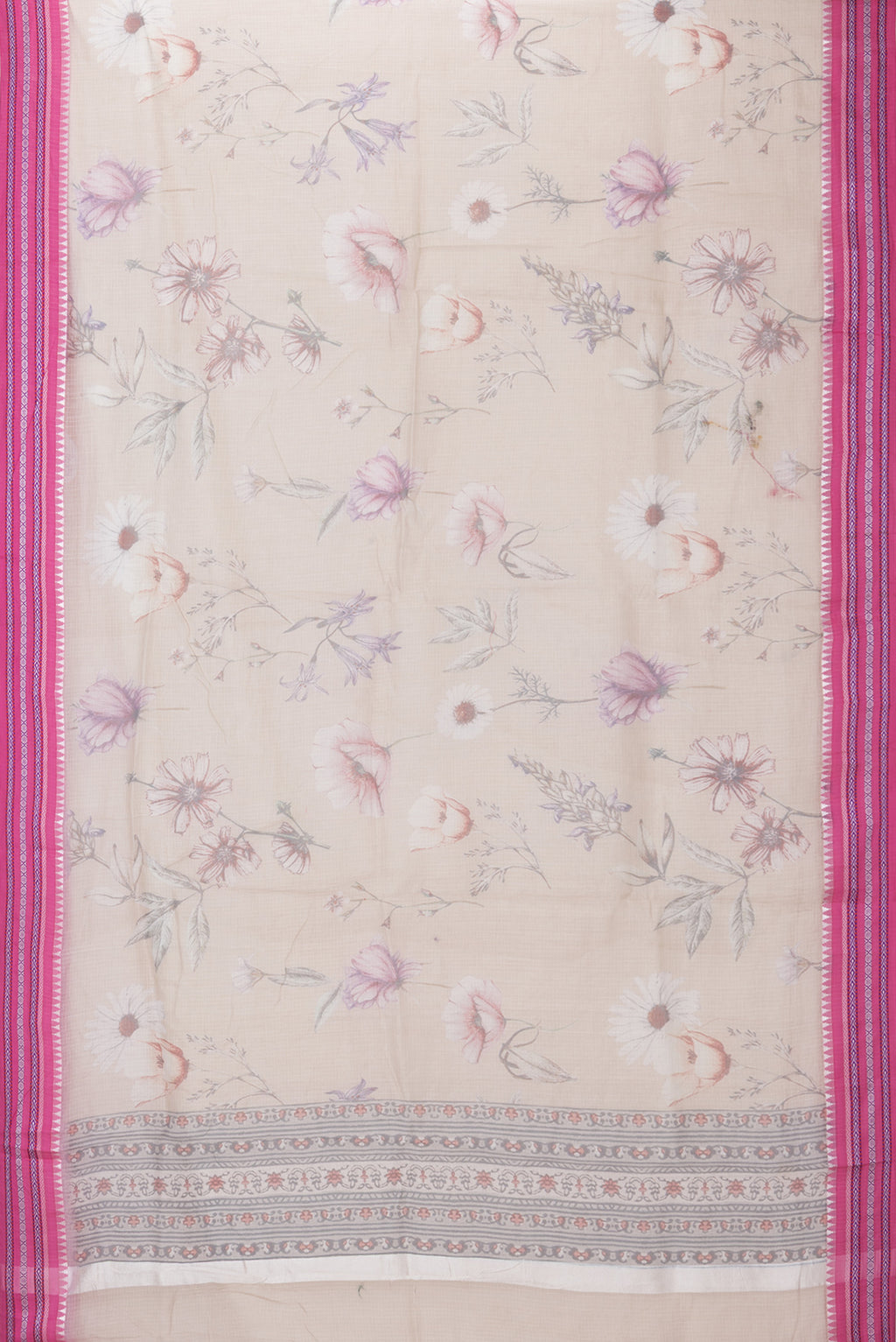 Flat view of Beige Kota Silk Saree with Printed design on the body and Thread Border. 