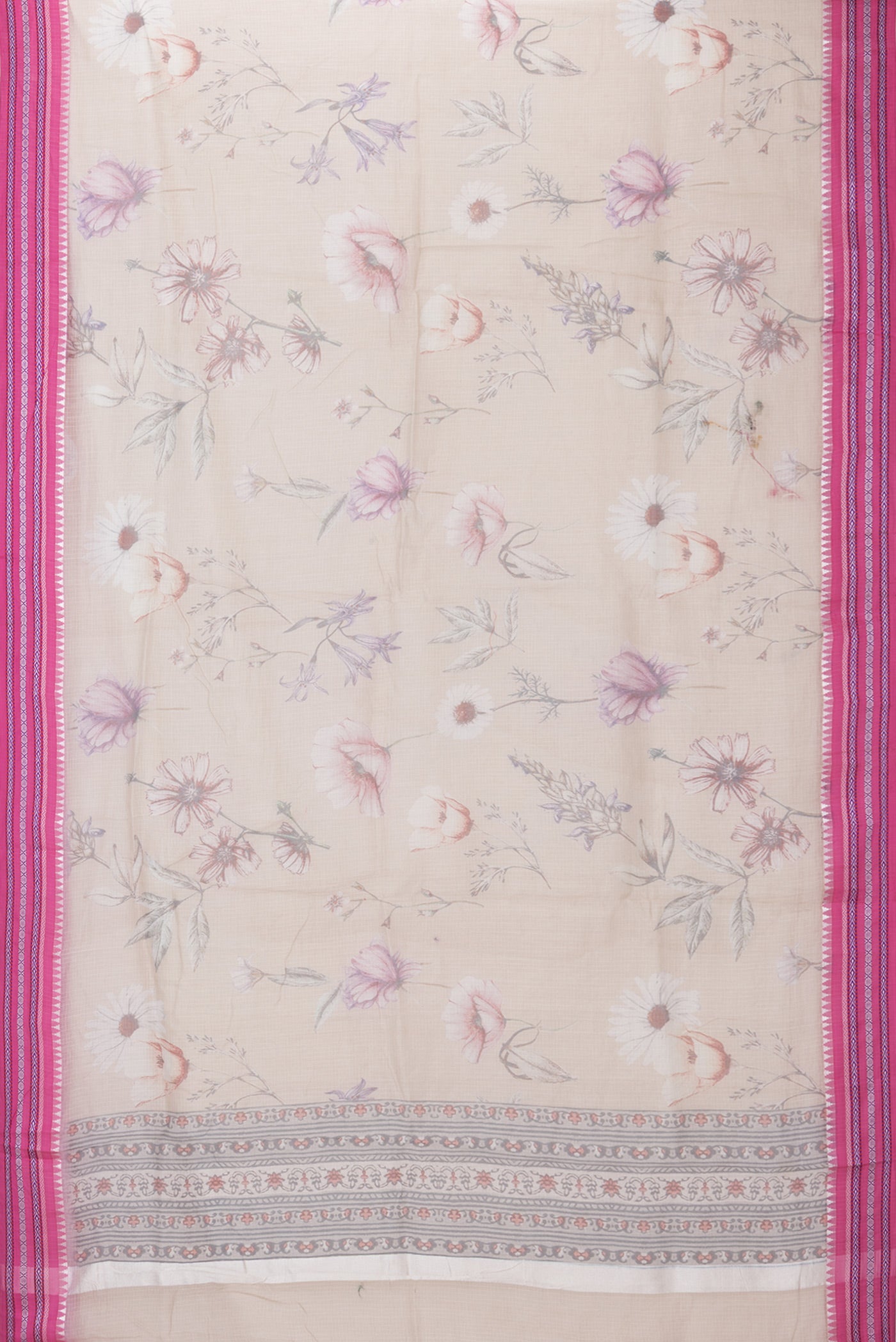 Flat view of Beige Kota Silk Saree with Printed design on the body and Thread Border. 