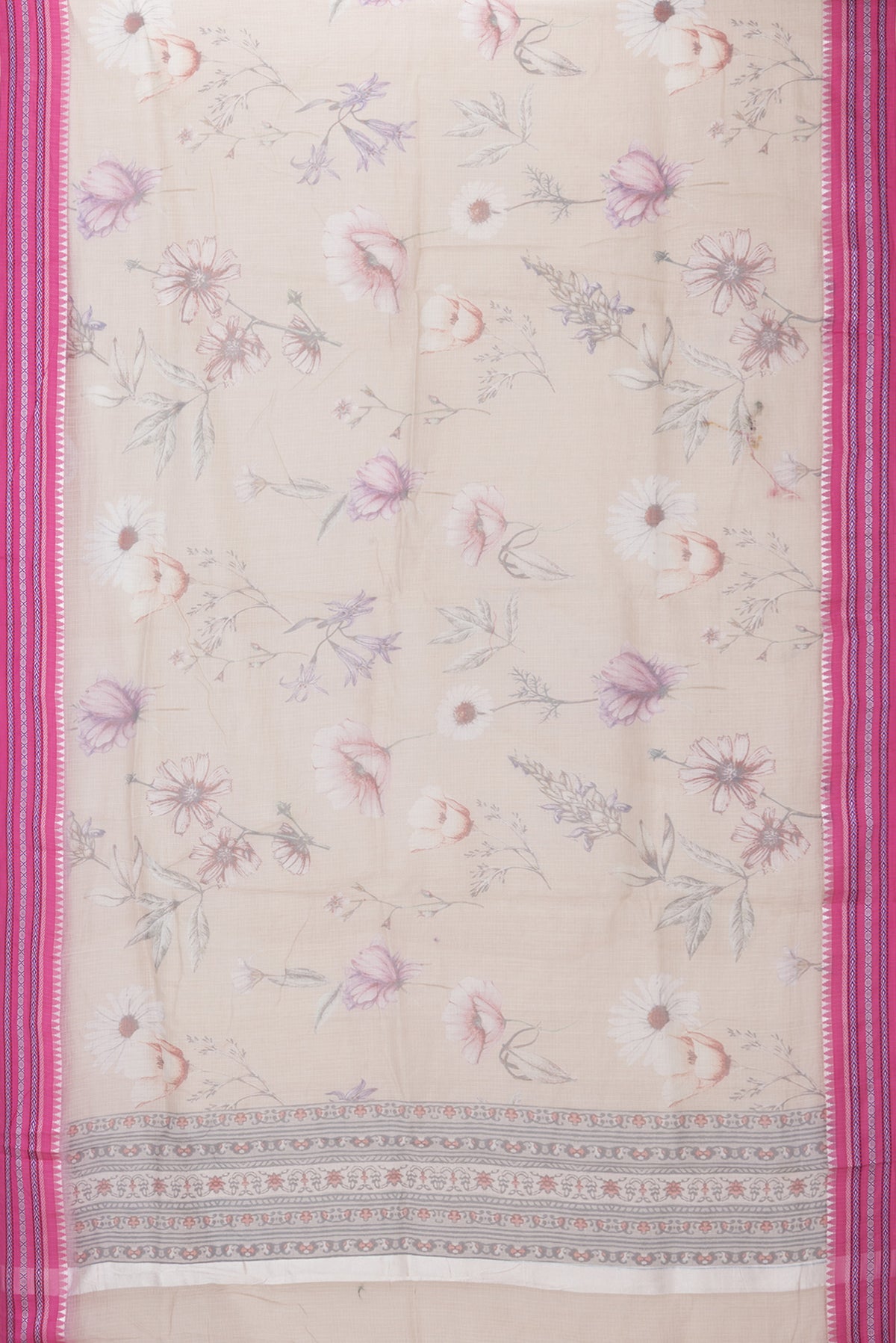 Flat view of Beige Kota Silk Saree with Printed design on the body and Thread Border. 