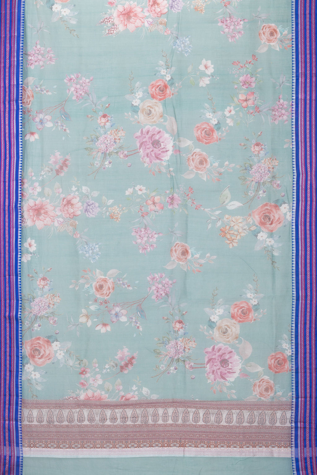 Flat view of Sea Green Kota Silk Saree with Printed design on the body and Thread Border. 