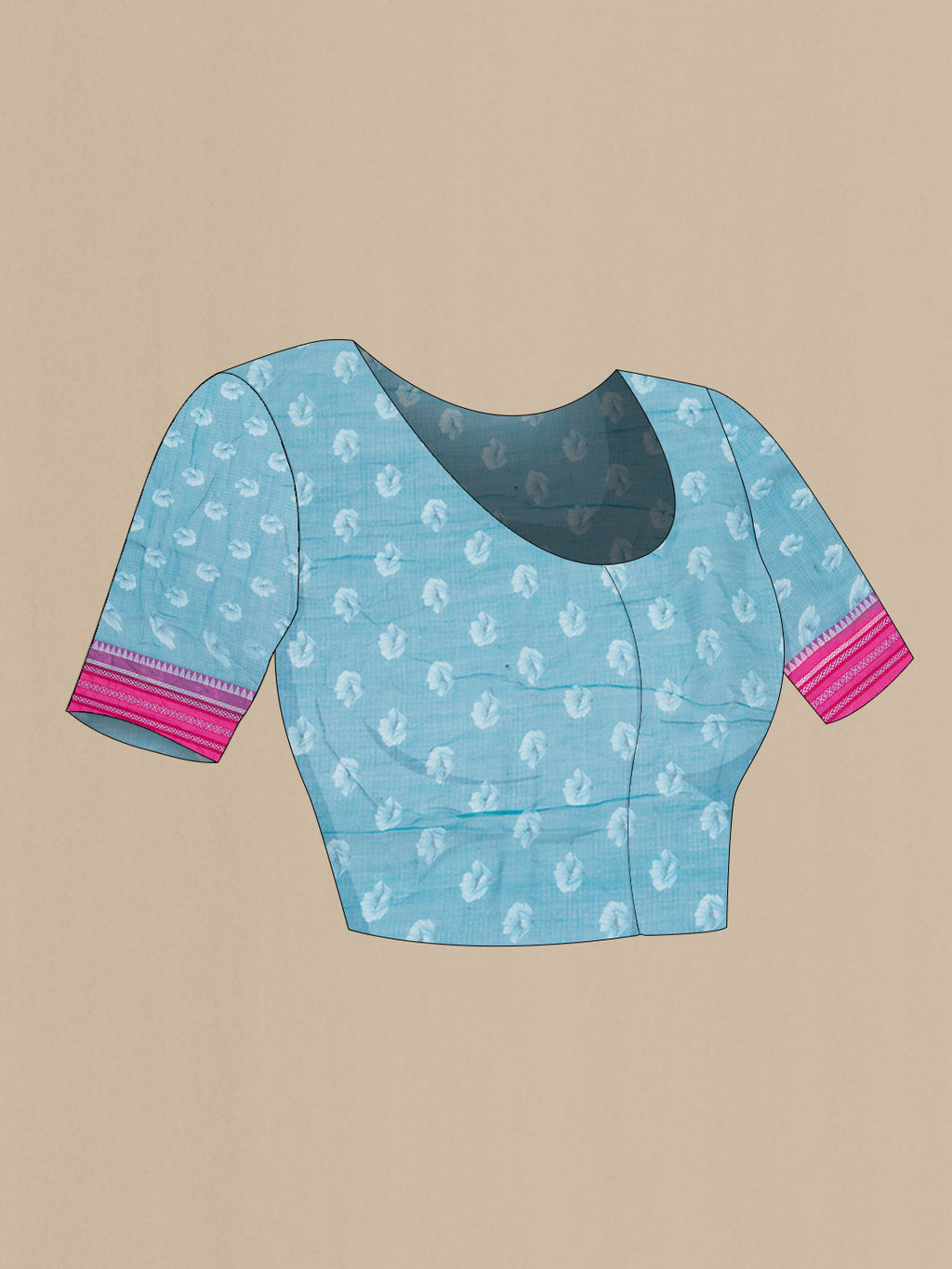 Close up image of the blouse of Sky Blue Kota Silk Saree with Floral Print on the body and Thread Border. 