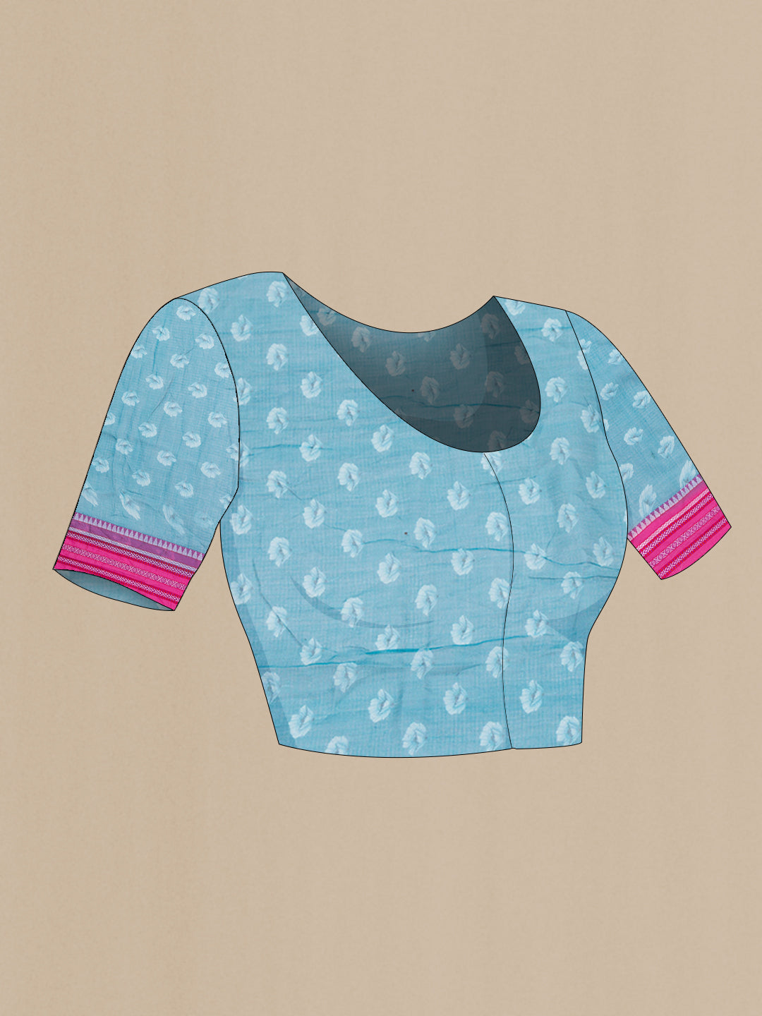 Close up image of the blouse of Sky Blue Kota Silk Saree with Floral Print on the body and Thread Border. 