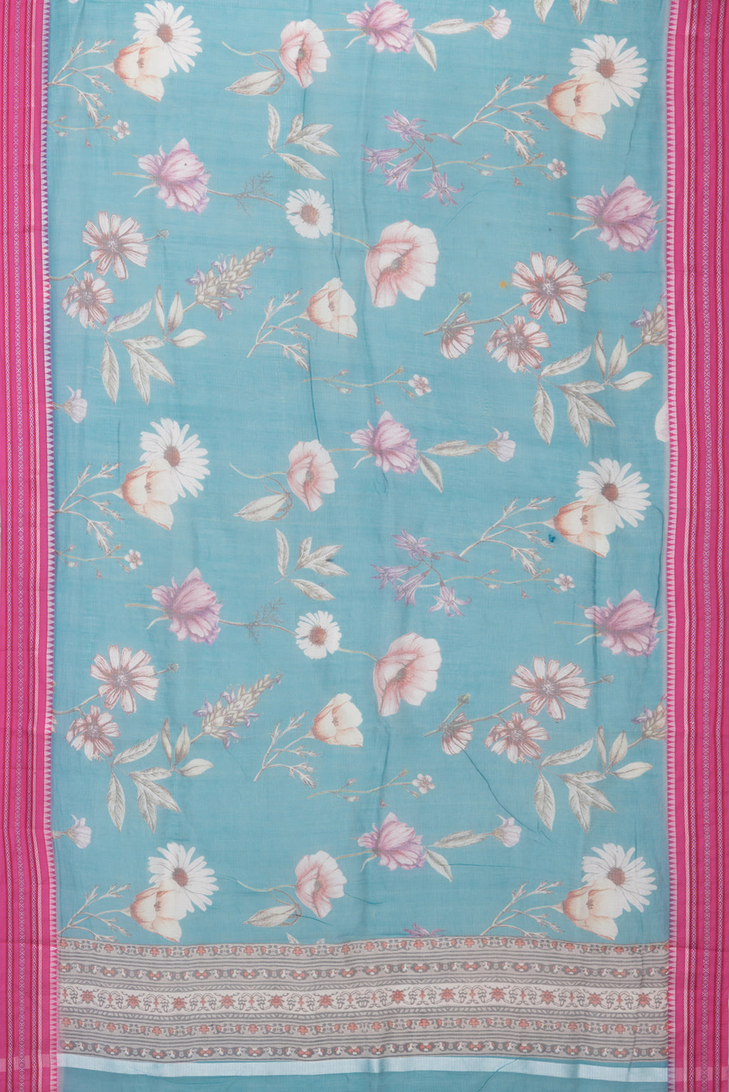 Flat view of Sky Blue Kota Silk Saree with Floral Print on the body and Thread Border. 
