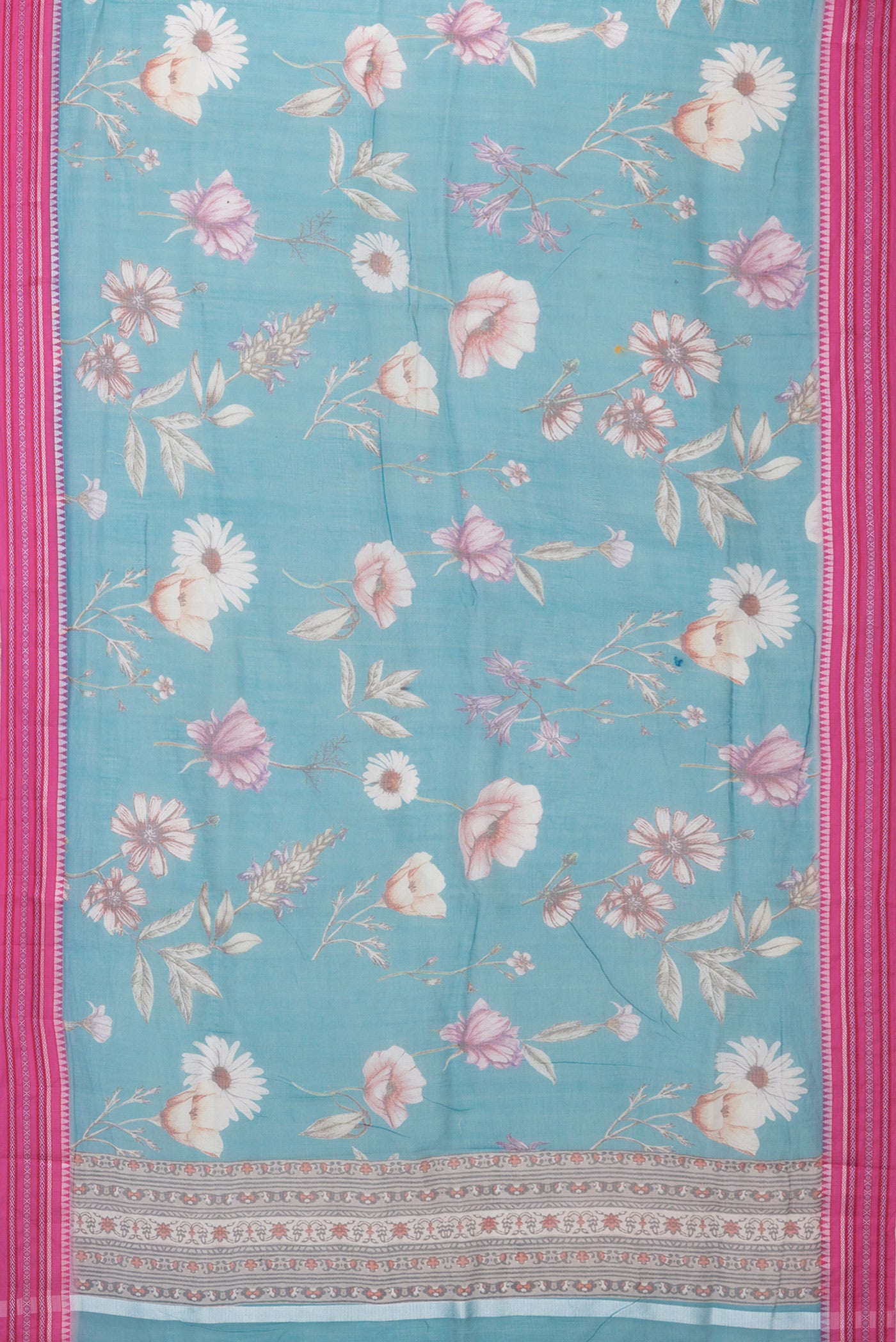 Flat view of Sky Blue Kota Silk Saree with Floral Print on the body and Thread Border. 