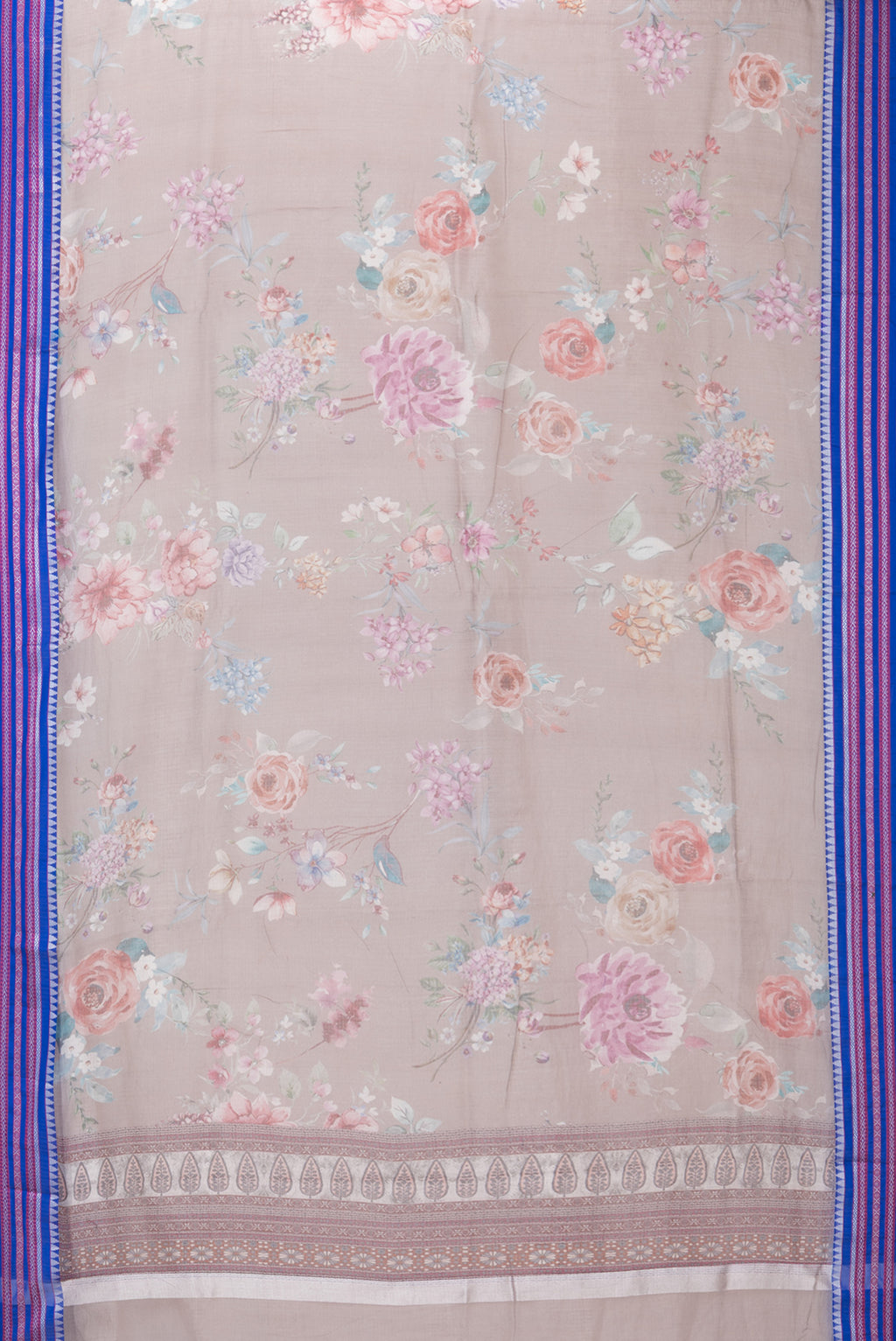 Flat view of Brown Kota Silk Saree with Printed design on the body and Thread Border. 