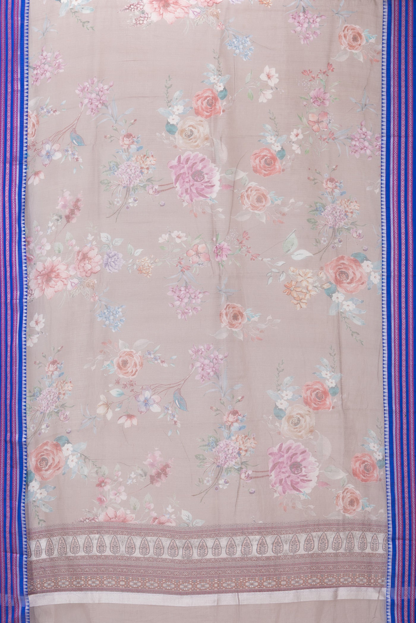 Flat view of Brown Kota Silk Saree with Printed design on the body and Thread Border. 