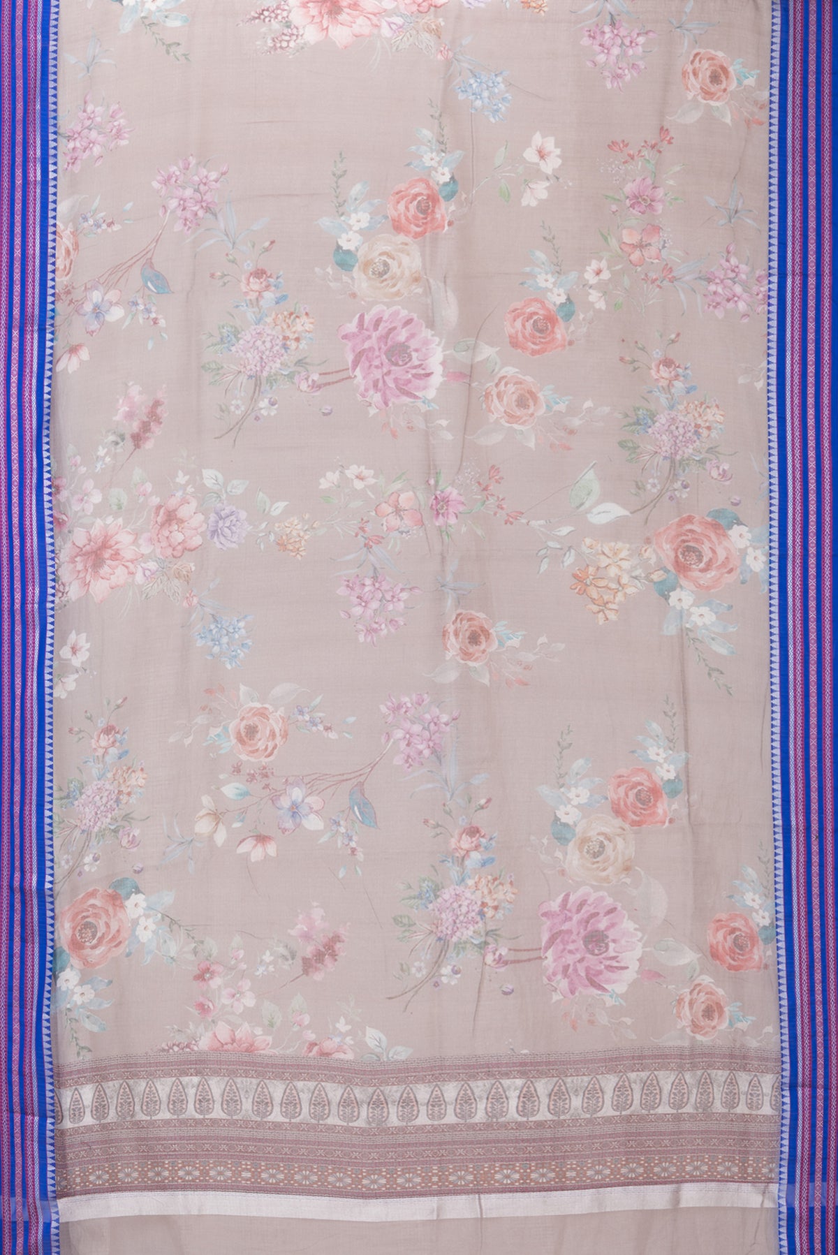 Flat view of Brown Kota Silk Saree with Printed design on the body and Thread Border. 