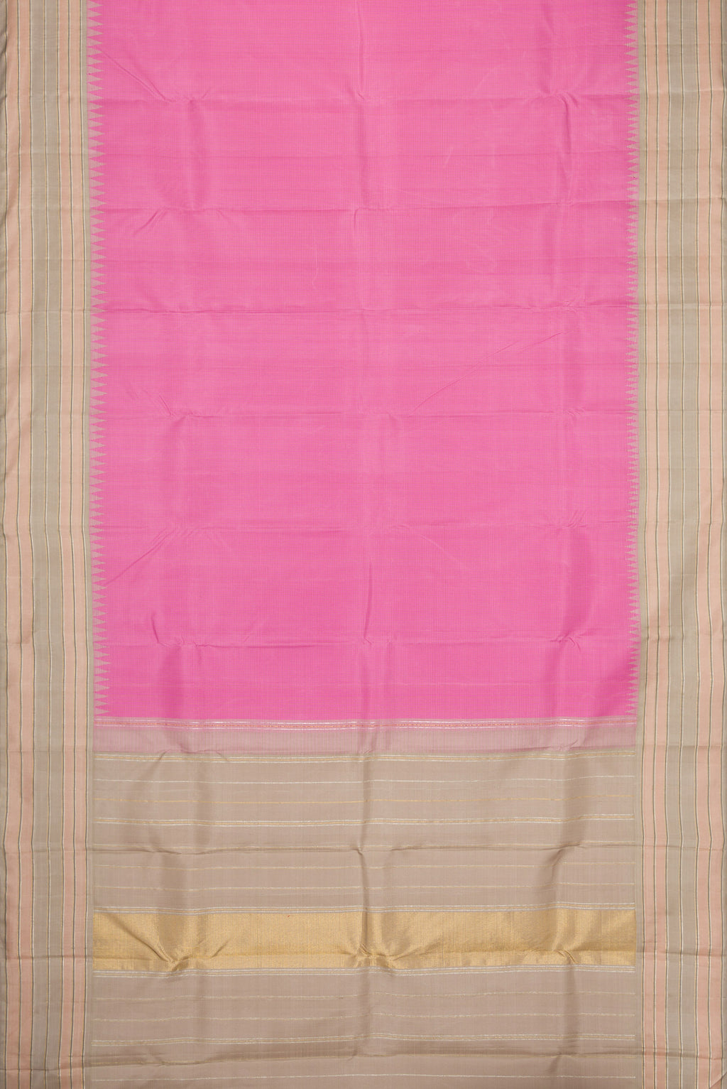 Flat view of Pure Silk Pure Zari Pink Dual Tone Kanjivaram Saree with Stripes on the body and Zari Border. 