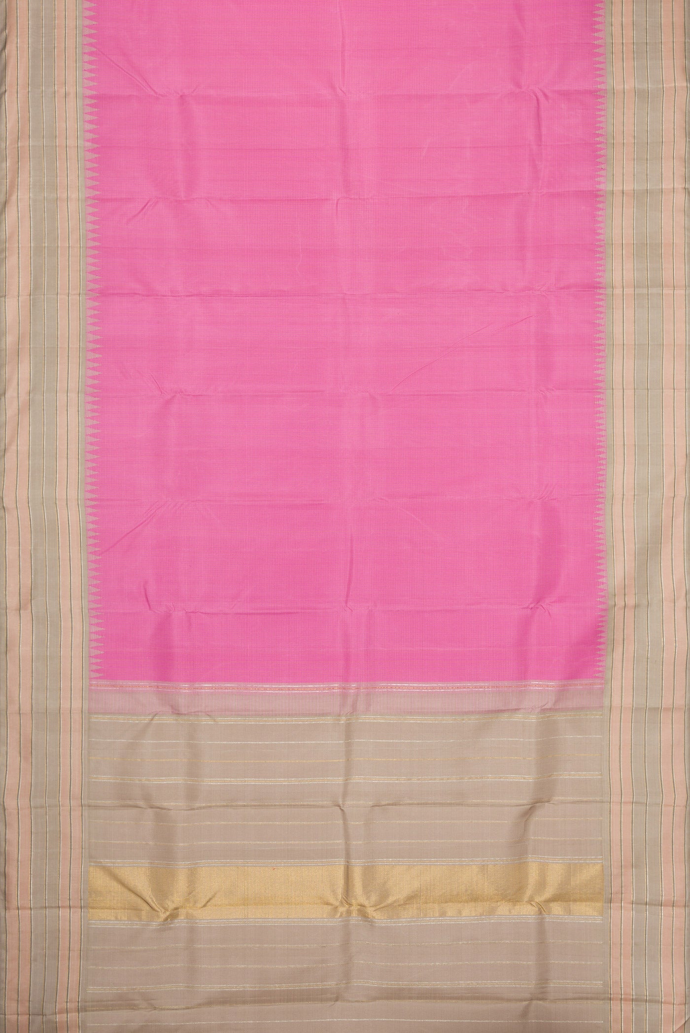 Flat view of Pure Silk Pure Zari Pink Dual Tone Kanjivaram Saree with Stripes on the body and Zari Border. 