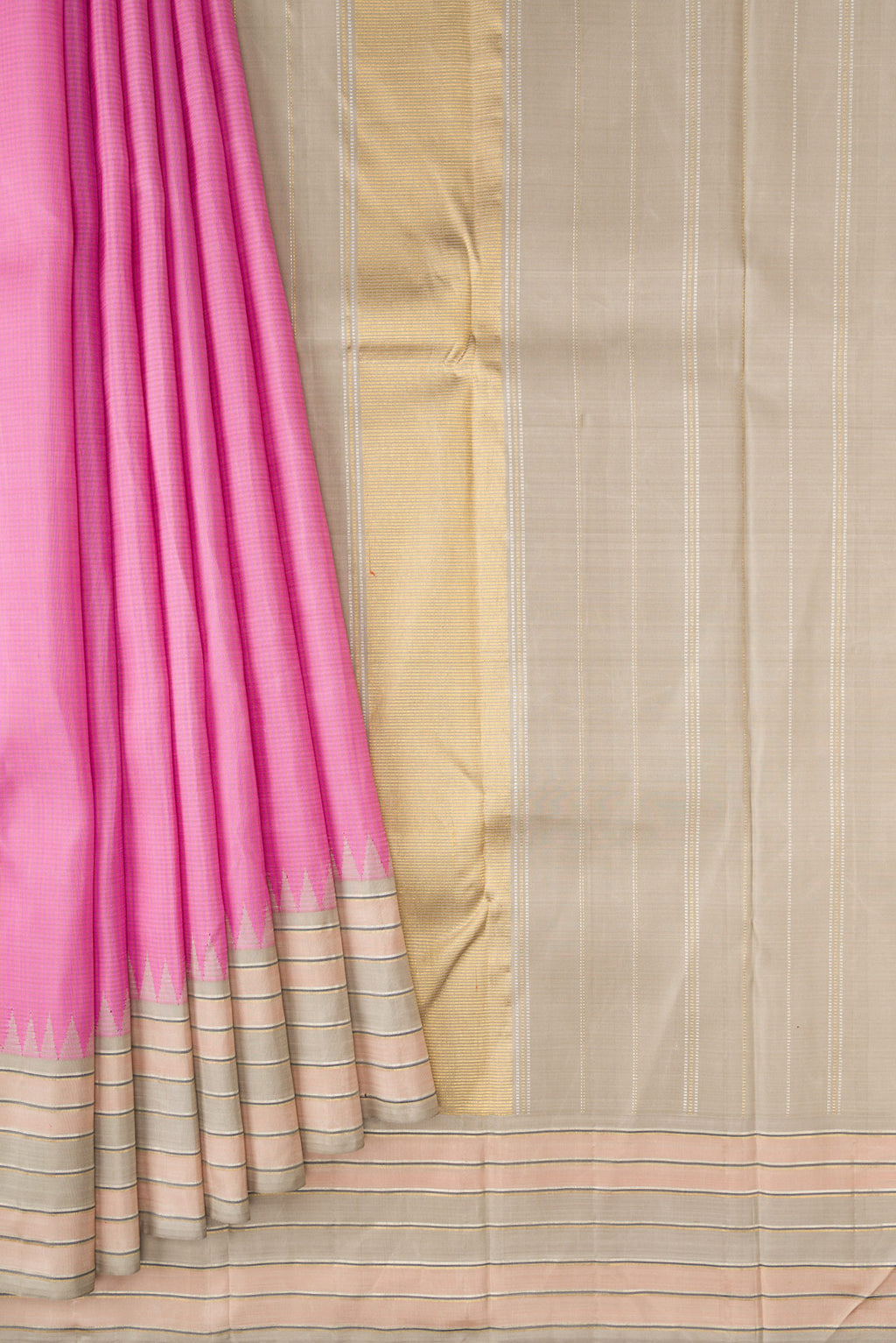Pleats and pallu of Pure Silk Pure Zari Pink Dual Tone Kanjivaram Saree with Stripes on the body and Zari Border. 